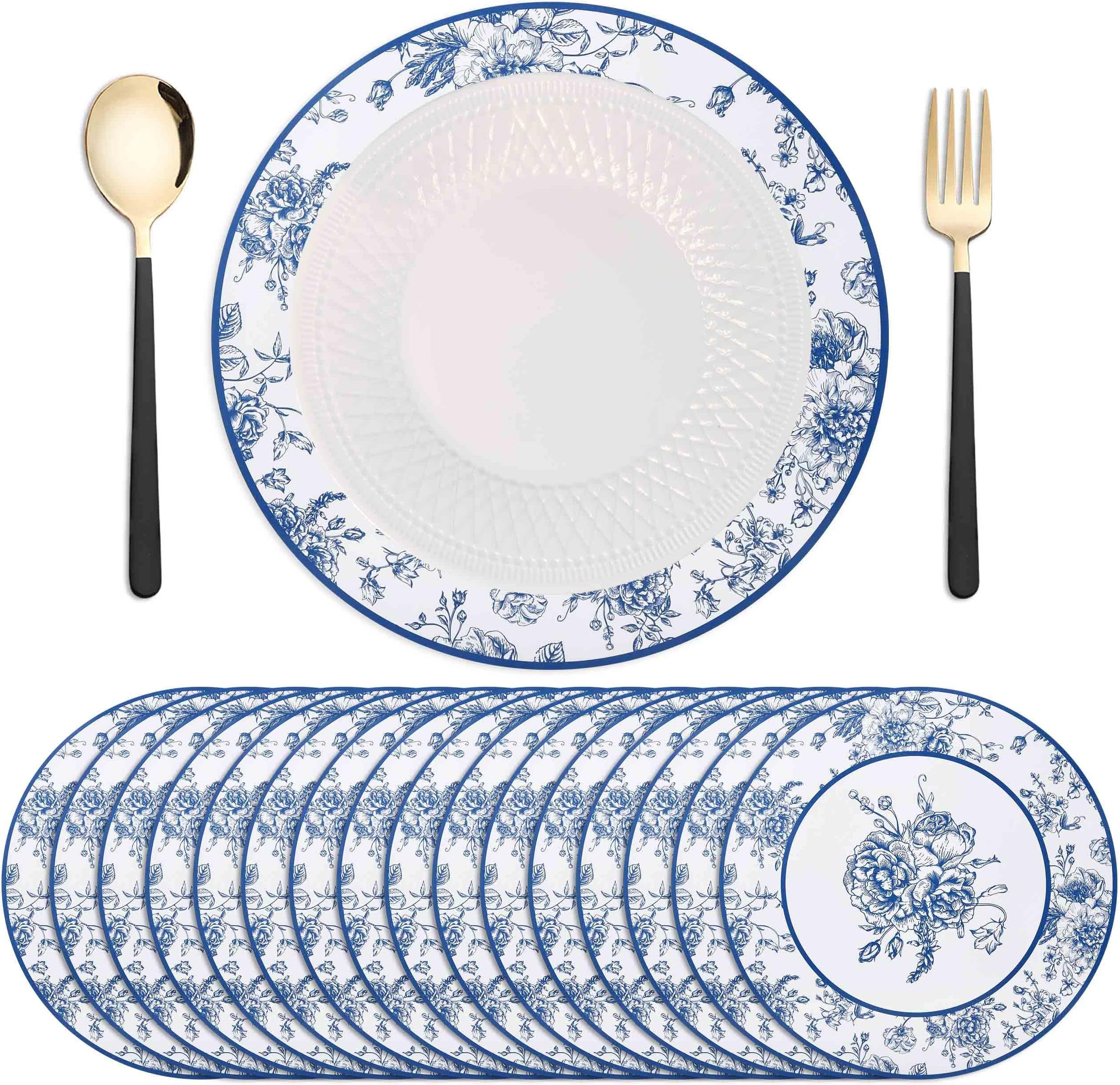 Disposable Blue Floral Paper Table Mats 50 Pack 13.5" Round Decorative Chinoiserie Flower Charger Placemats for Wedding Birthday Dinner Party Setting
