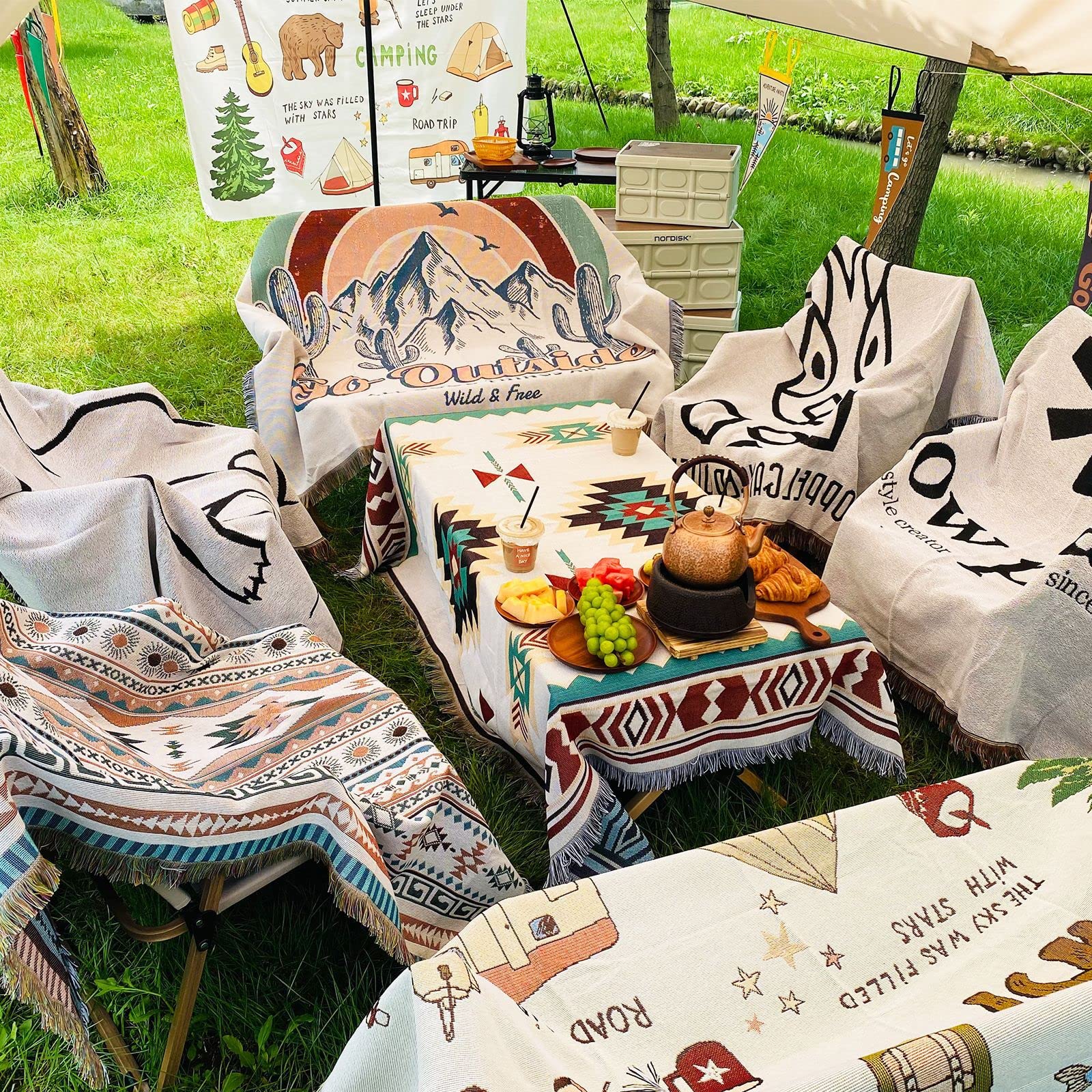 Bawełniany koc piknikowy, miękki dywan na zewnątrz z frędzlami, mata plażowa i koc kempingowy na sofy, idealny na piknik, kemping i zajęcia na świeżym powietrzu