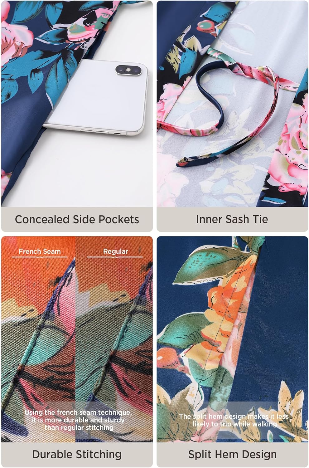 BABEYOND Women's Kimono Robe Long Satin Silky Floral Lightweight Bridesmaid Wedding Bachelorette Party Robe - Image 5