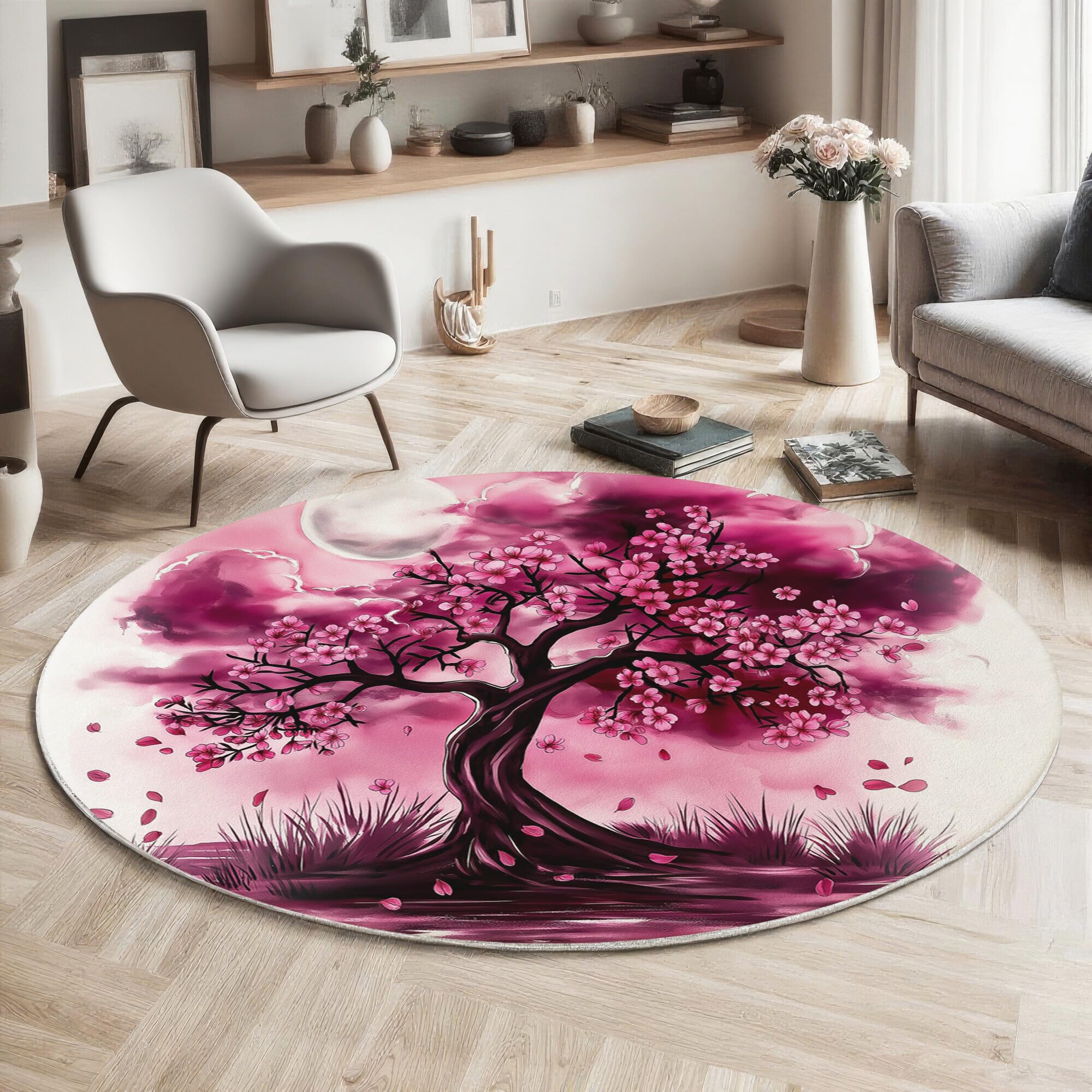 Tapis rond blanc rosé cerisier en fleurs pleine lune moquette 3D haut de gamme