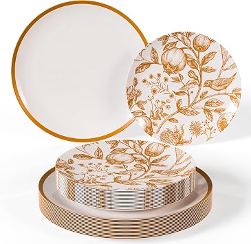 Trendables 40 Piece Plastic Disposable Plates Set For 20 Guests I 20 X 8 Inch Dessert Plates & 20 X 10 Inch Disposable Plastic Plates | Thanksgiving Plates | White & Brown Pomegranate Design