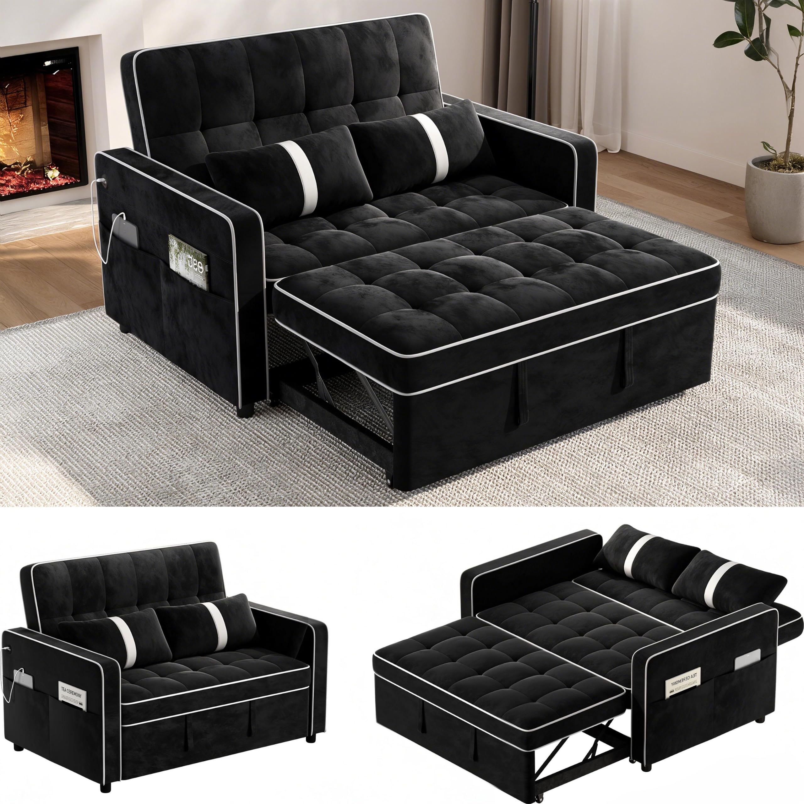 Yaheetech 3 in 1 Sofa Bed Convertible Sleeper Sofa with USB Ports, Black | Velvet Pull Out Couch Folding Loveseat Sleeper, Armrest Pillows, USB Ports, Side Pockets for Living Room Bedroom Apartment