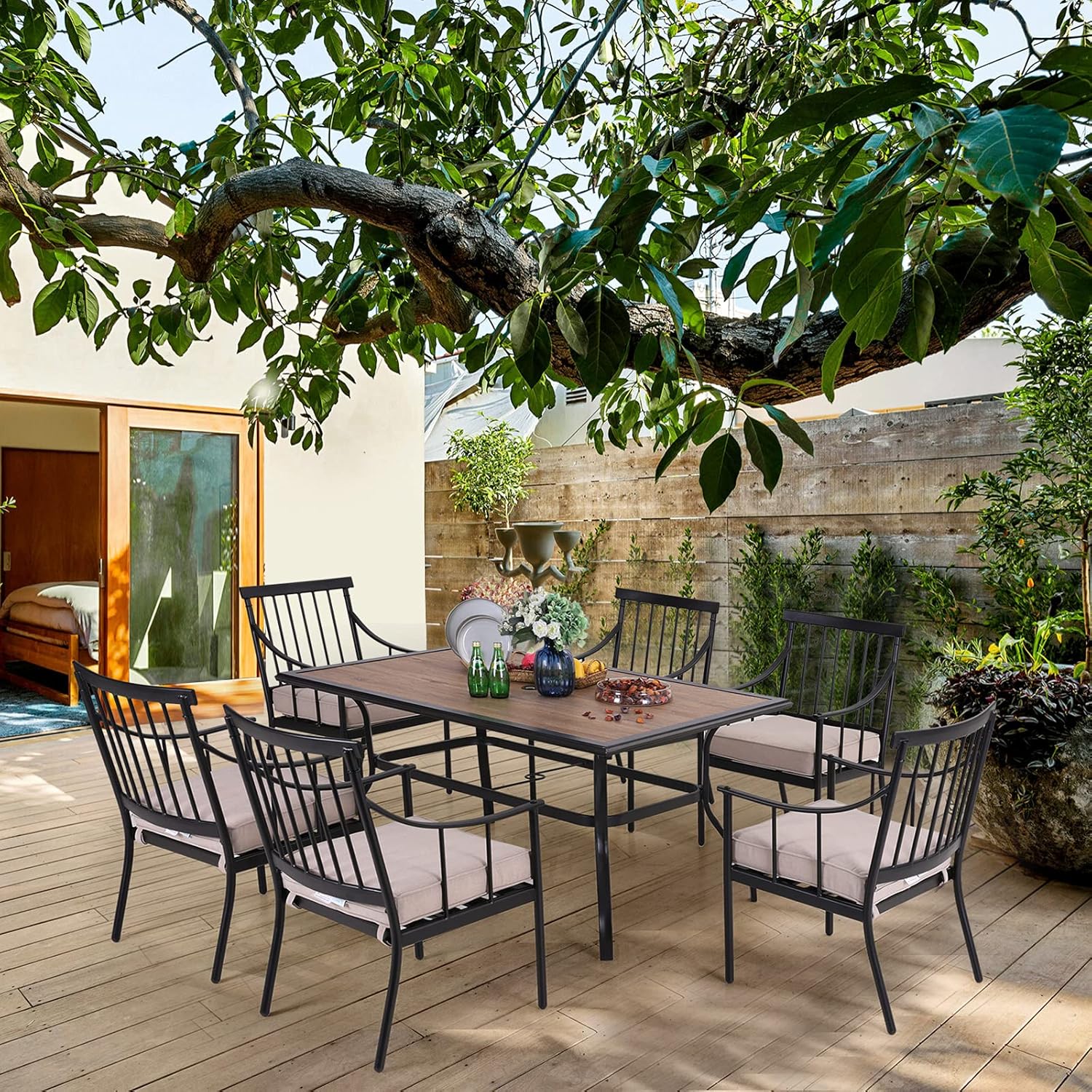 PHI VILLA 7 Piece Outdoor Dining Set with Cushion, Rectangle Polywood Metal Dining Table with Umbrella Hole & 6 Iron Chairs for Patio, Deck, Porch : Patio, Lawn & Garden