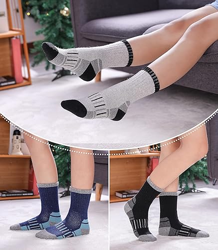 Miniatura 5 de LINEMIN Calcetines de senderismo de lana merino para niños y niñas, cálidos, gruesos, térmicos, acolchados, para invierno, 6 pares