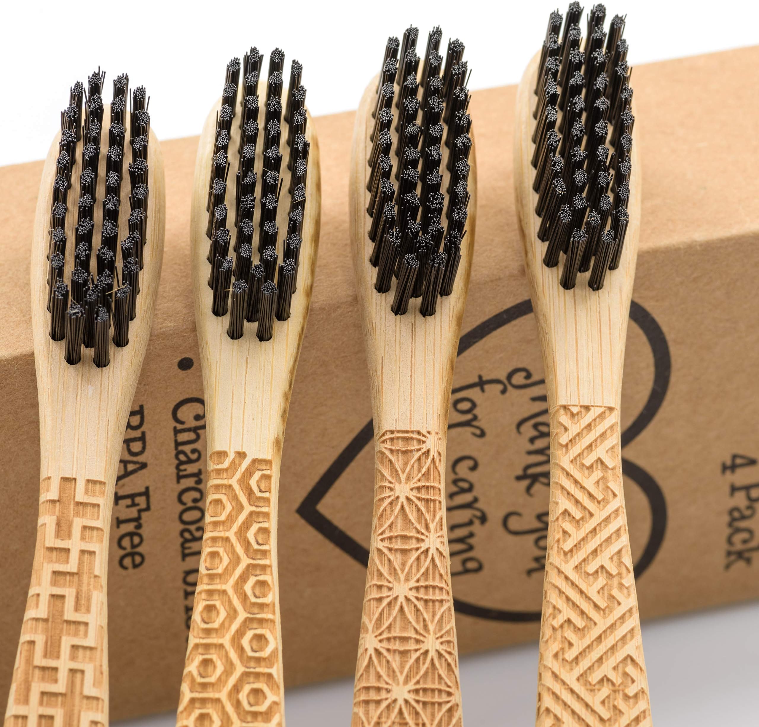 Natural Bamboo Toothbrush with Charcoal Bristle - 4 Pack - BPA Free and Biodegradable - Environmentally Friendly Toothbrushes - Gift with Beautiful Engraver - Zero Waste and Vegan Compostable Products