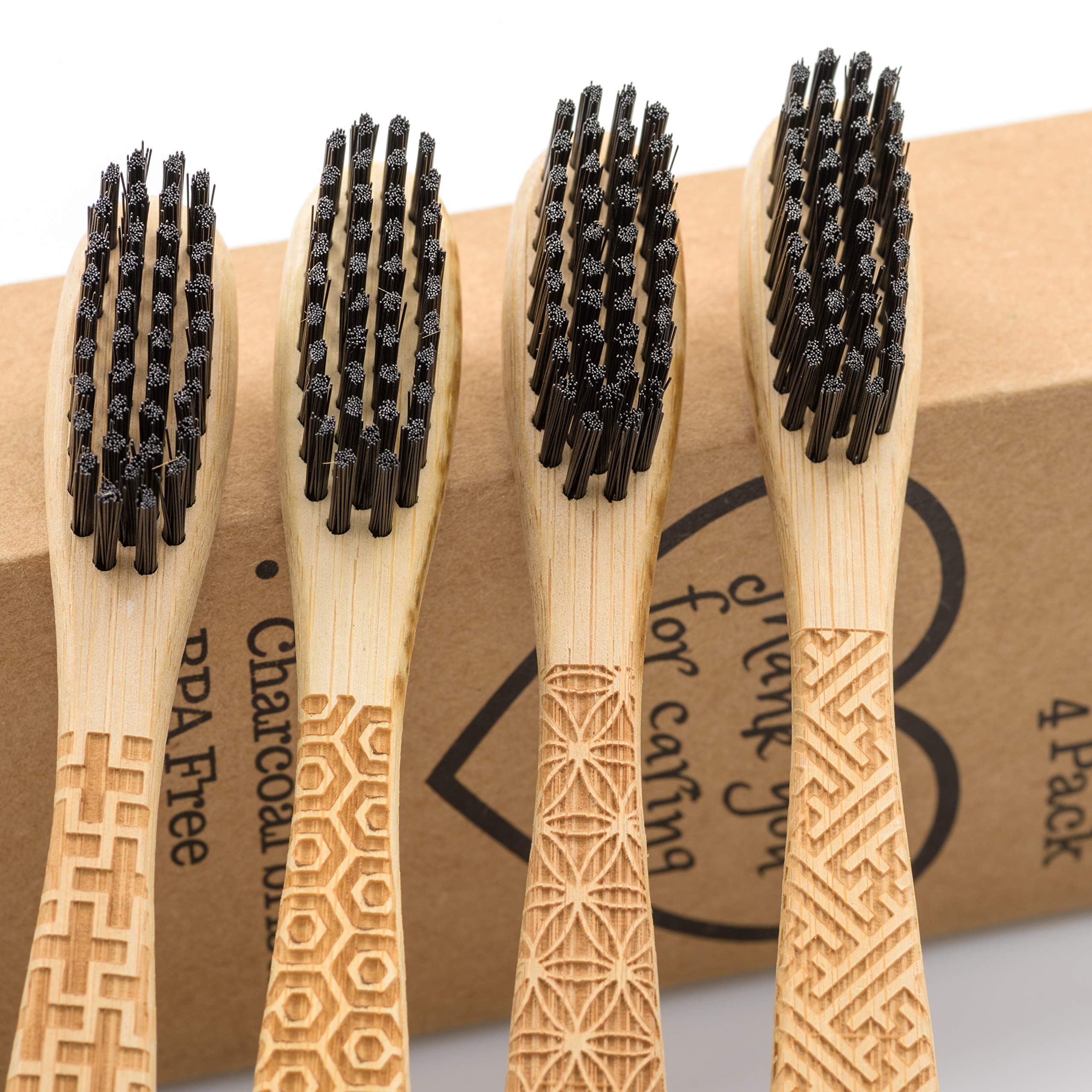 Natural Bamboo Toothbrush with Charcoal Bristle - 4 Pack - BPA Free and Biodegradable - Environmentally Friendly Toothbrushes - Gift with Beautiful Engraver - Zero Waste and Vegan Compostable Products