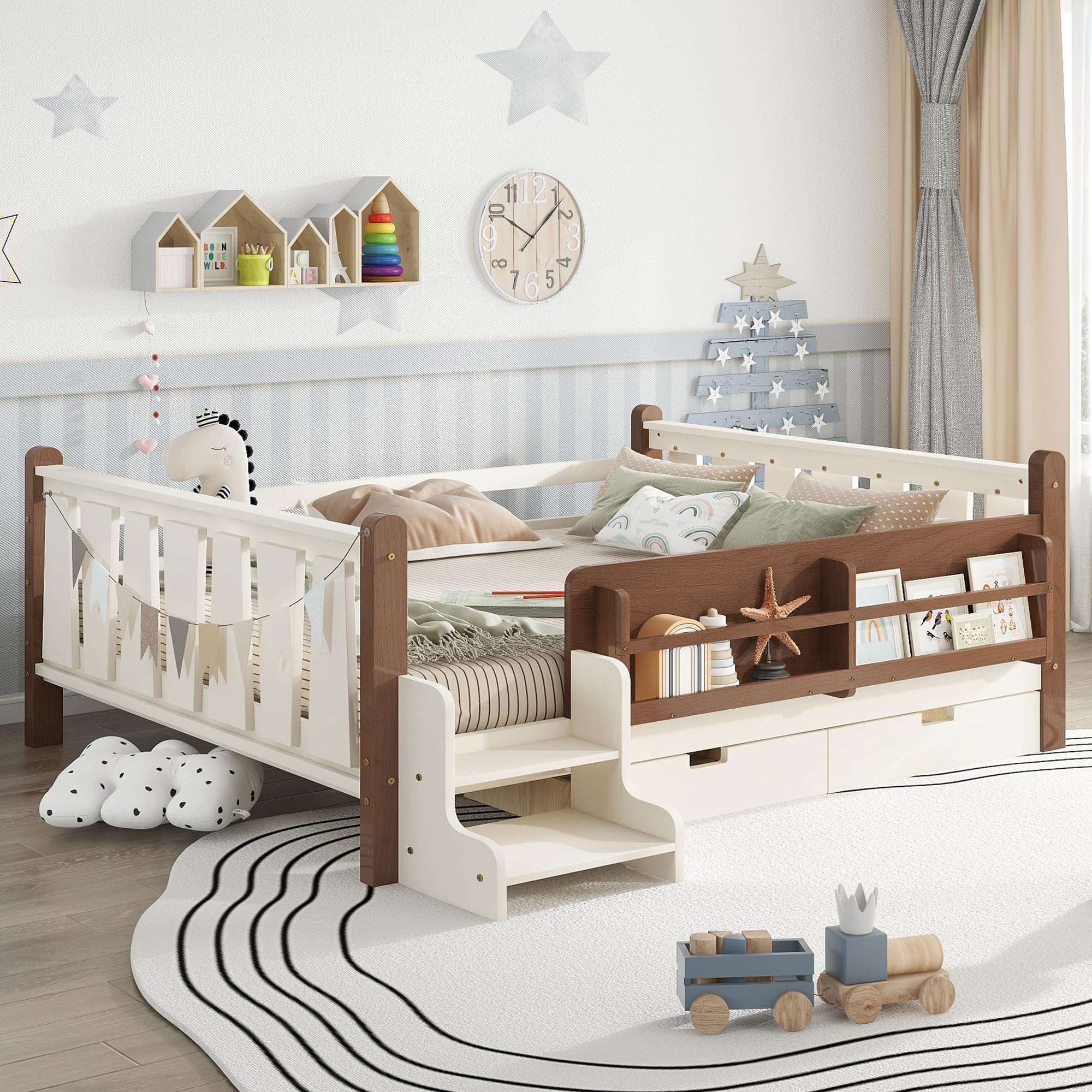 Photo 1 of ***PARTIAL SET*** Bellemave Full Size Floor Bed with Storage Drawers, Bookshelf & Stairs, Solid Wood Montessori Floor Bed Full with Guardrails, Low-Profile Montessori Bed Frame with Slats for Girls Boys, Beige