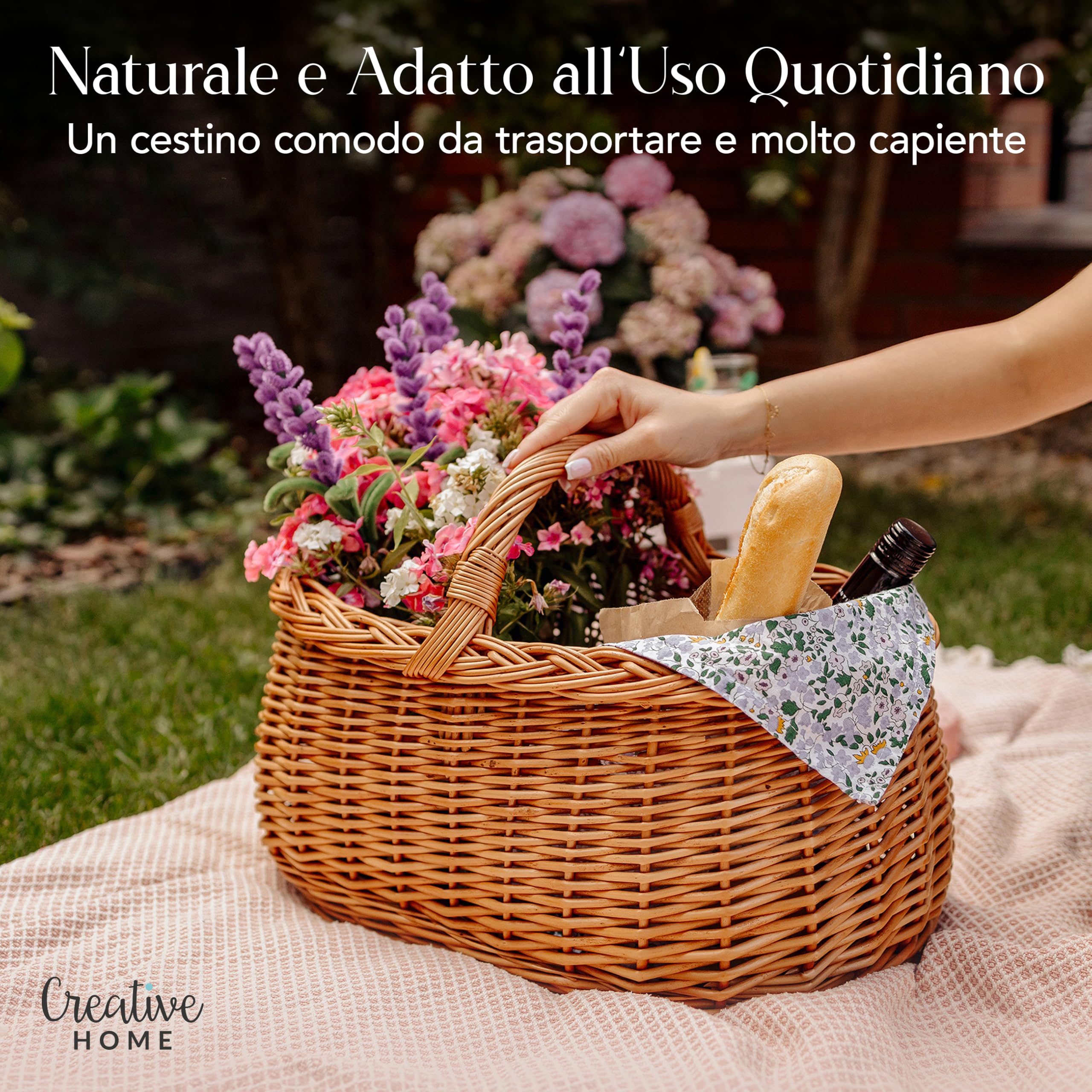Creative Home Cestino in Vimini con Manico e Treccia | Cestino per Auto, Cesto Funghi Picnic | 45 x 32 x 34 cm (+/- 1 cm) | Intrecciato a Mano, Durevole | Salice Naturale Marrone Spesso | Multiuso