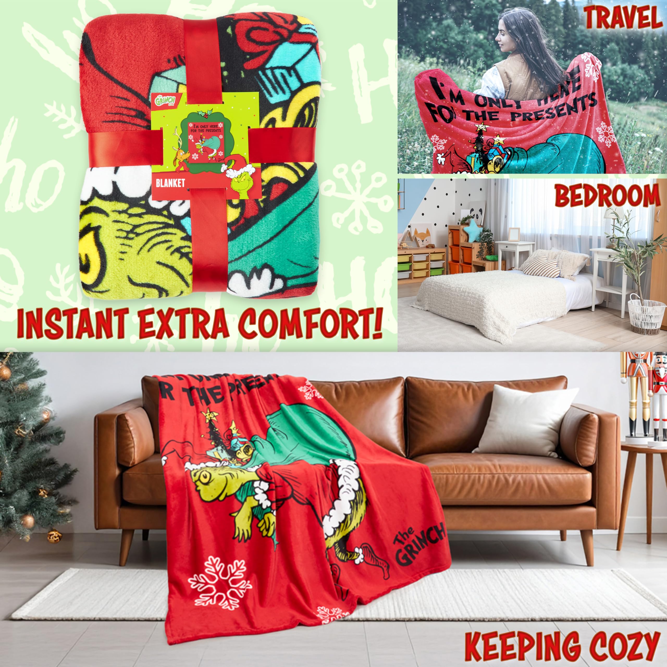 Couverture en polaire douce The Grinch, couverture d'hiver – Décoration de Noël (Rouge