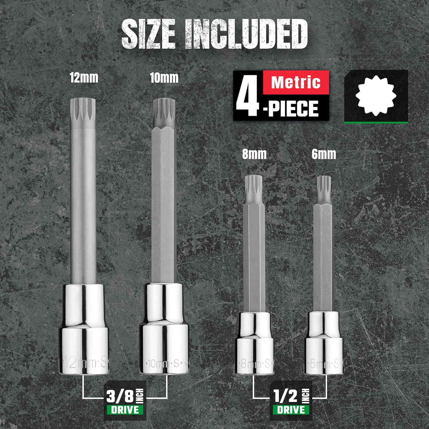SK Tools USA 3/8" & 1/2" Drive Triple Square Bit Socket Set, 4-Piece, Metric 6MM - 12MM, SuperKrome Finish, S2 Alloy Steel Bits, with Storage Rail