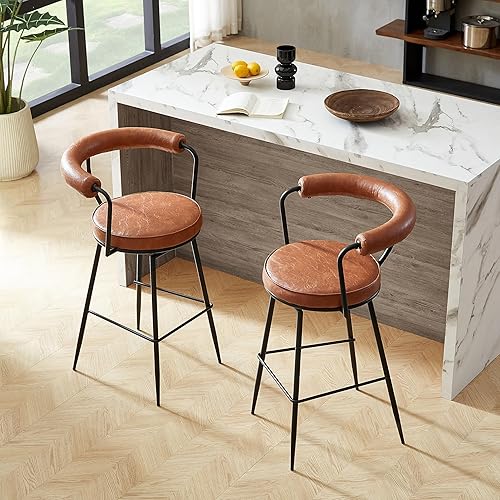 Vista 15 de Art Leon Taburete de bar giratorio, moderno taburete de bar de piel sintética de altura, taburete de mostrador de 30 pulgadas con respaldo para isla