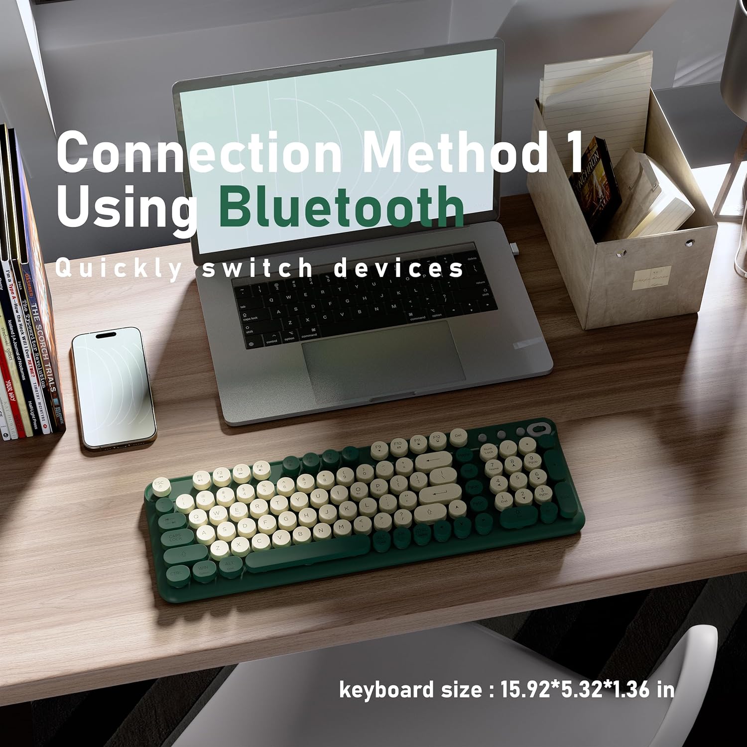 MPTOG Bluetooth Wireless Computer Keyboard, Colorful 99 Round Keys Retro Membrane Keyboard with Click Typing Feel, Power Switch, Ideal Gift for Office, Home (Milk Dark-Green)