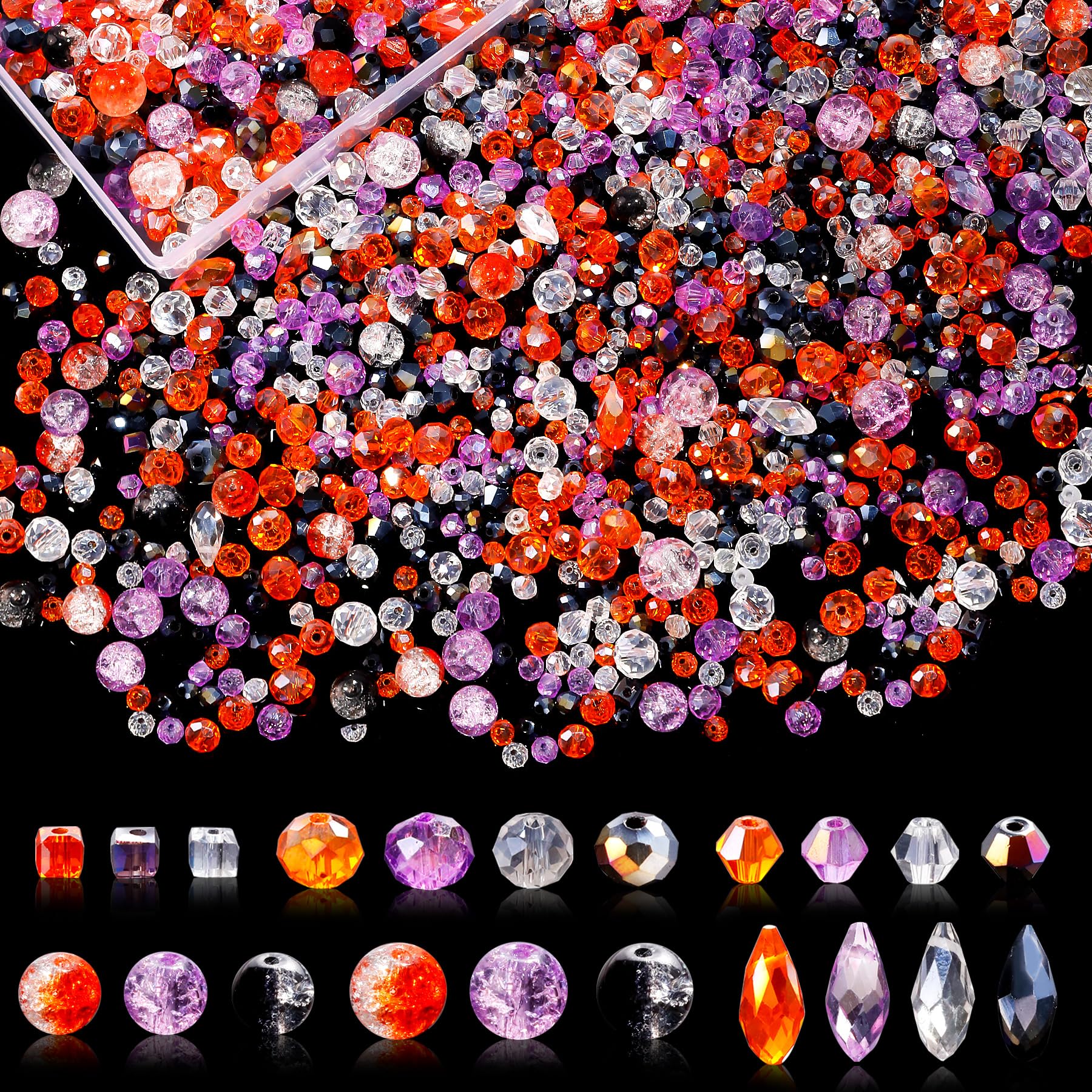 1000pcs Halloween Glass Beads for Jewelry Making Colorful Rainbow Craft Crystal Beads Sparkly Beads for DIY Necklace Bracelet Earring Orange & Purple & Black