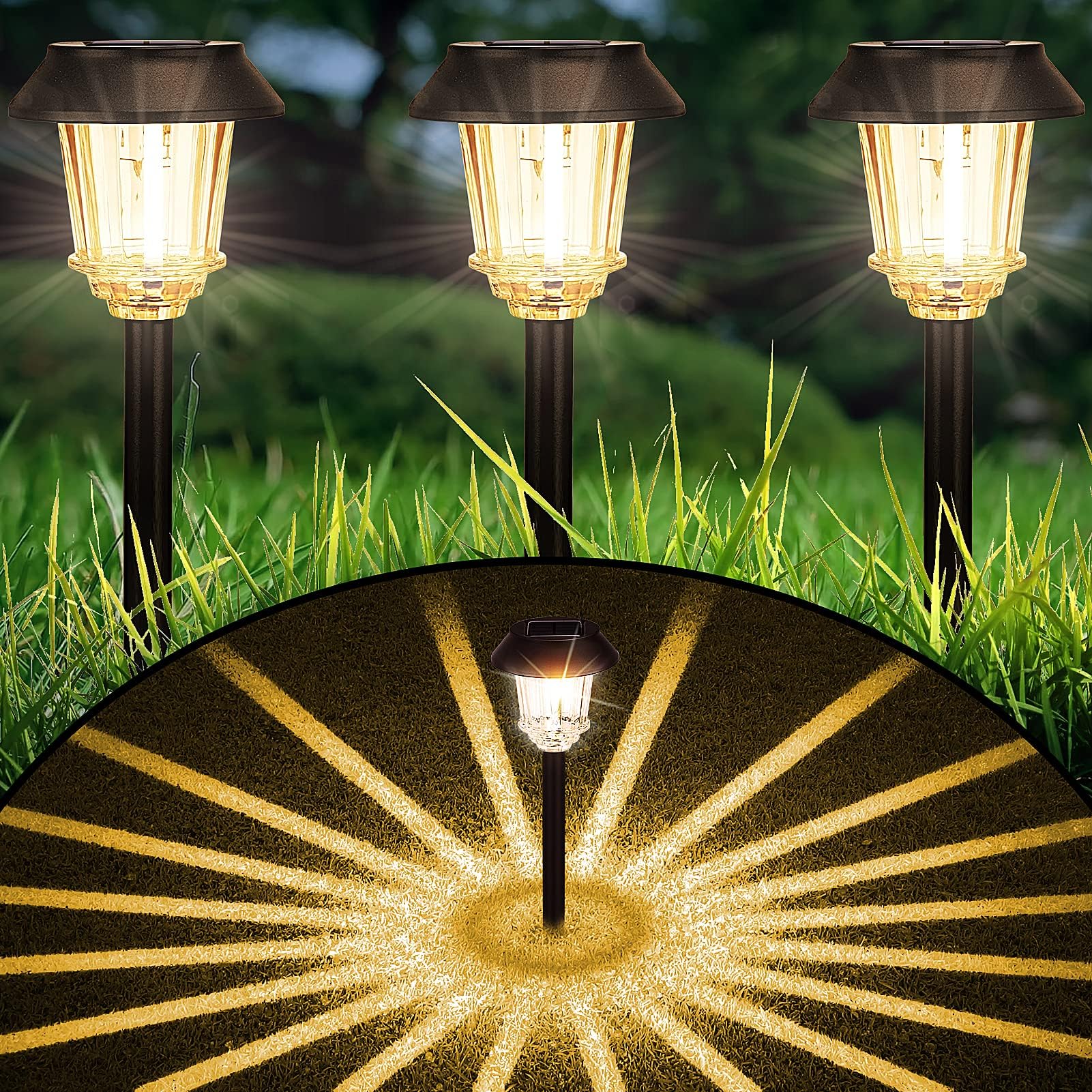 BEAU JARDIN8 Pack Solar Pathway Lights - Modern Glass & Stainless Steel - Warm White - IP65 Waterproof - Auto On/Off