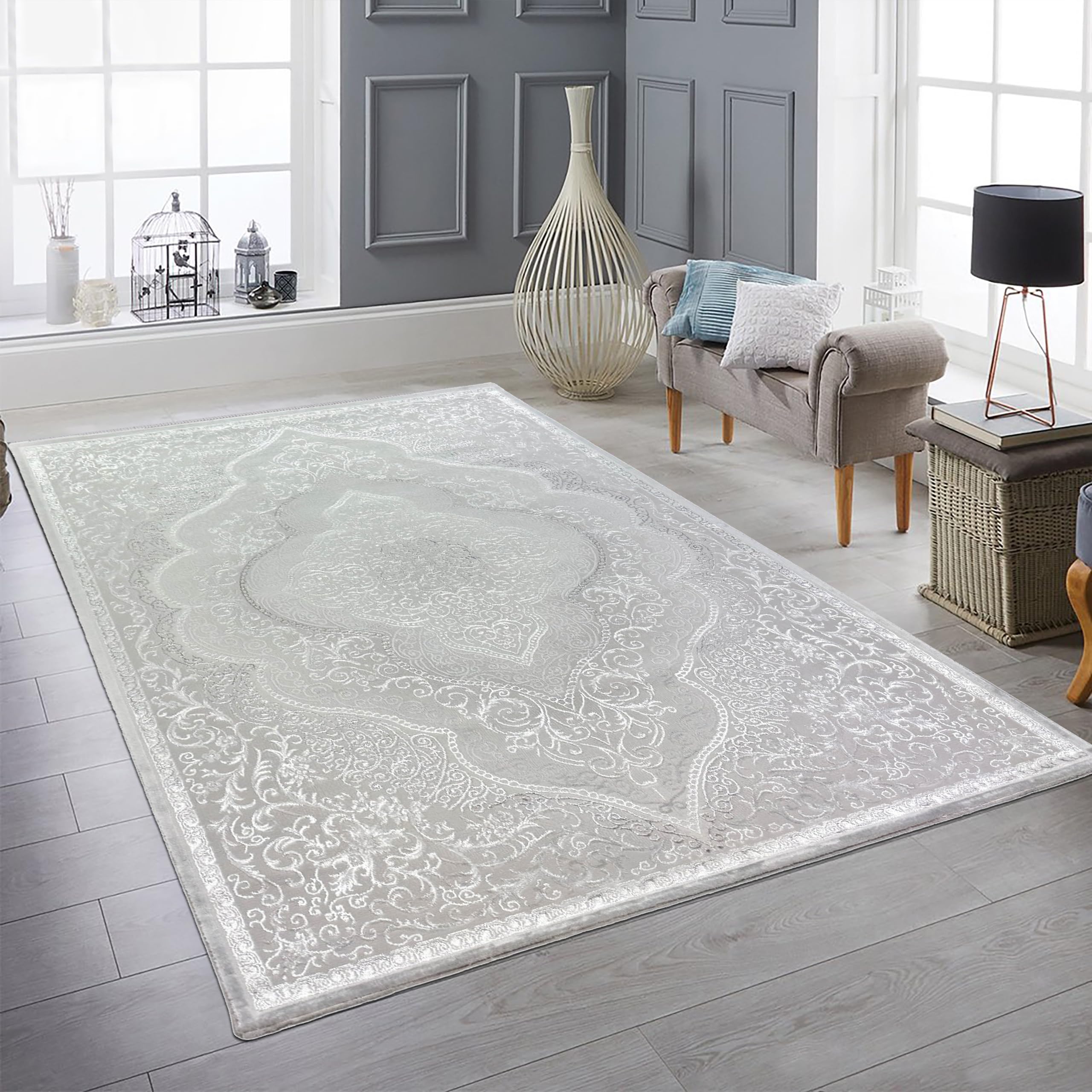 Orient Design Hoch-Tief Effekt Konturenschnitt Teppich verziert Silber glänzend, 160 x 230 cm