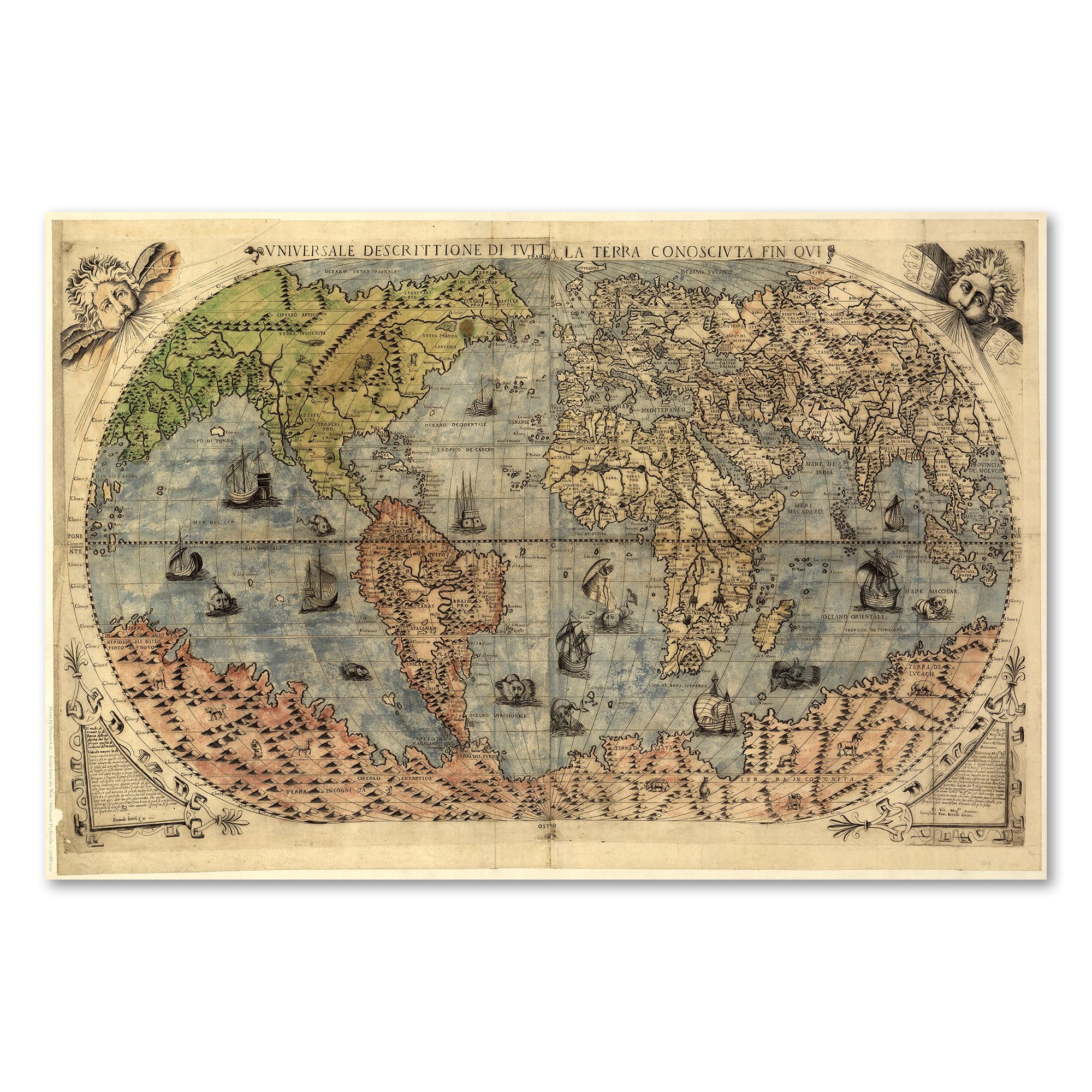 Postereck - 0460 - Historische Weltkarte, Kontinente Karte Vintage - Unterricht Klassenzimmer Schule Wandposter Fotoposter Bilder Wandbild Wandbilder - Leinwand - 100,0 cm x 75,0 cm