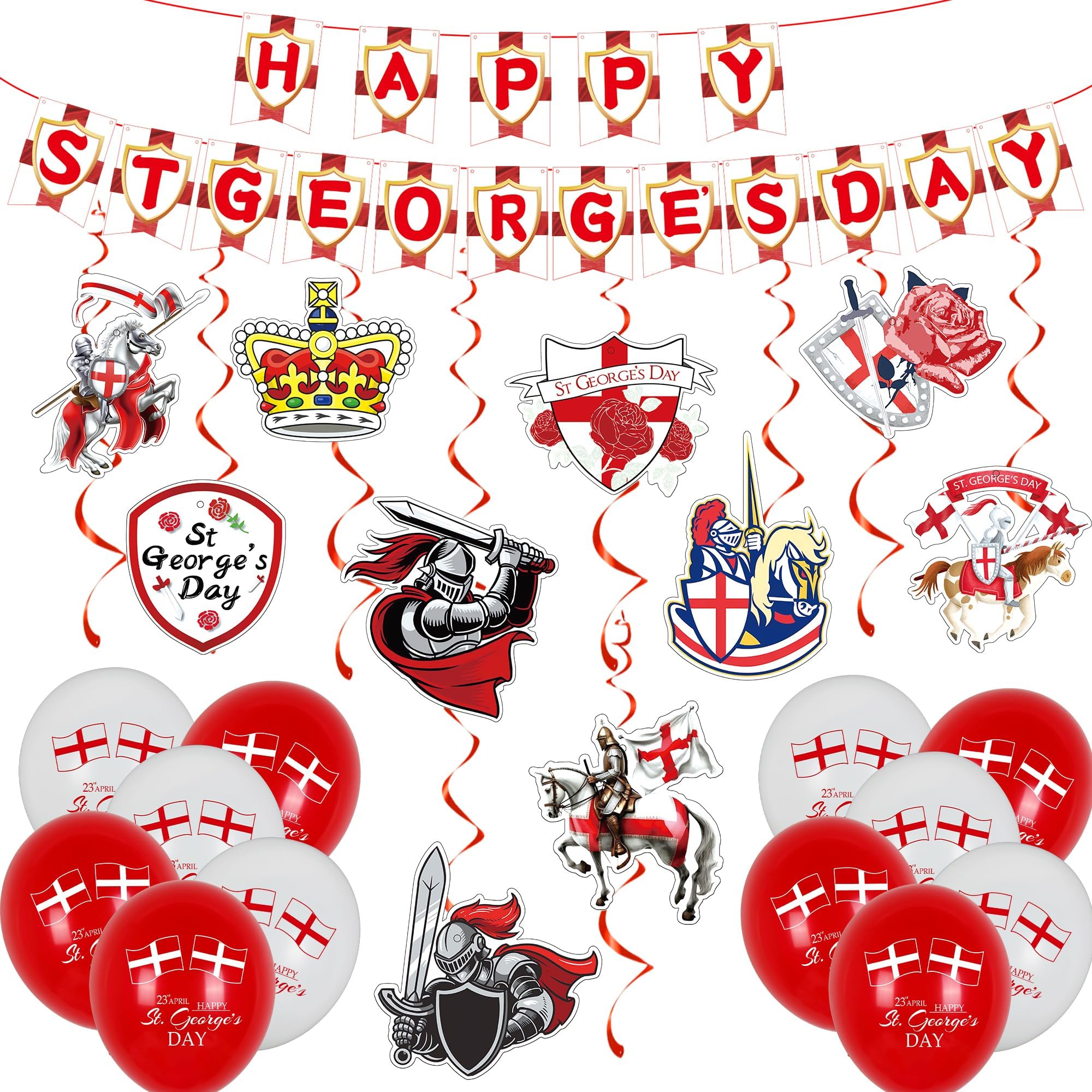 BUSCANDO England St. George's Day Decorations Banner, Bunting, Swirls, Balloons, Streamers - Red - 15cm x 15cm - Polyester/Nylon - Indoor/Outdoor - St. George's Day Occasion