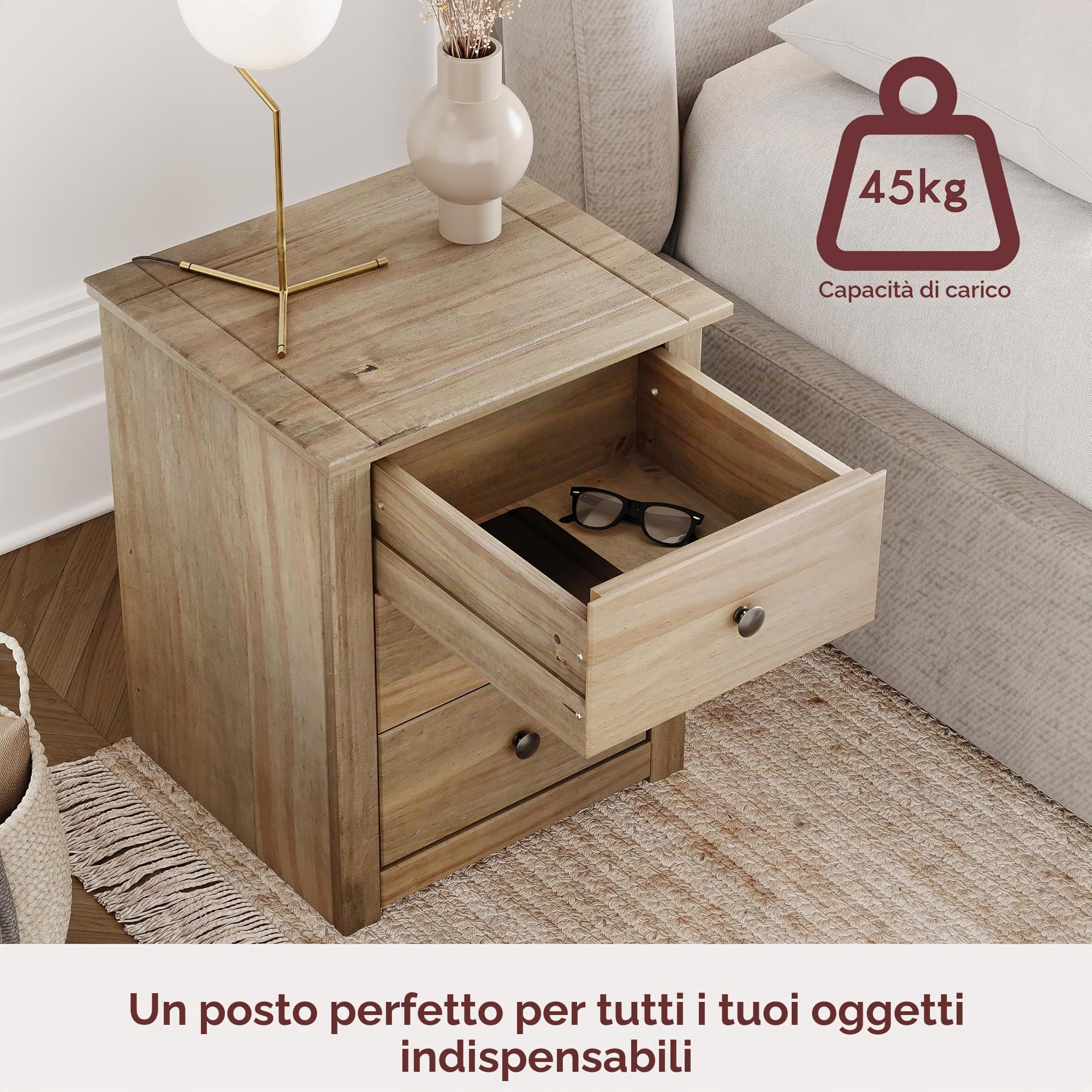 Home Discount-Comodino con 3 cassetti, in pino massiccio cerato Bedroom Furniture Shelving