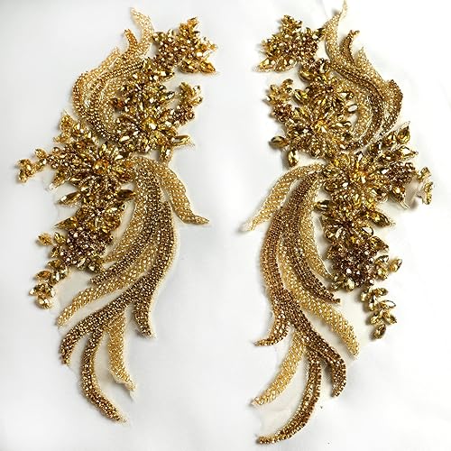 Miniatura 7 de 1 par de diamantes de imitación hechos a mano con cuentas para bricolaje, apliques de ropa, 14.5 x 4.8 pulgadas, decoración de vestido de boda,