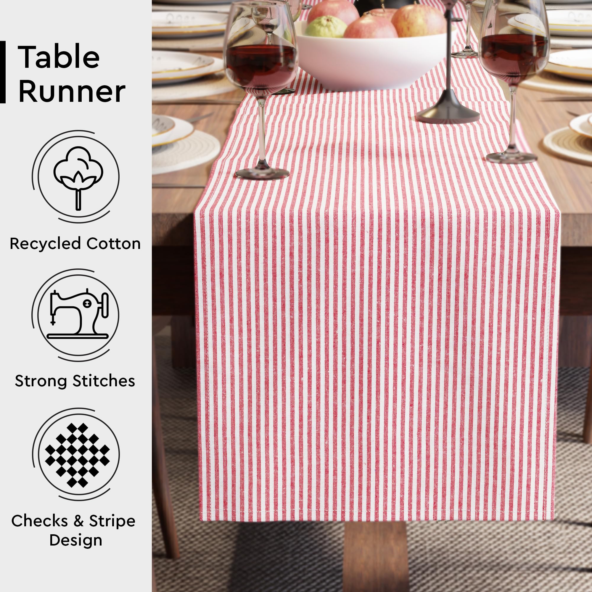 Encasa XO Cotton Dining Table Runner, Ticking Red, 94.5 x 12.6 inch (Rectangle) - Image 3