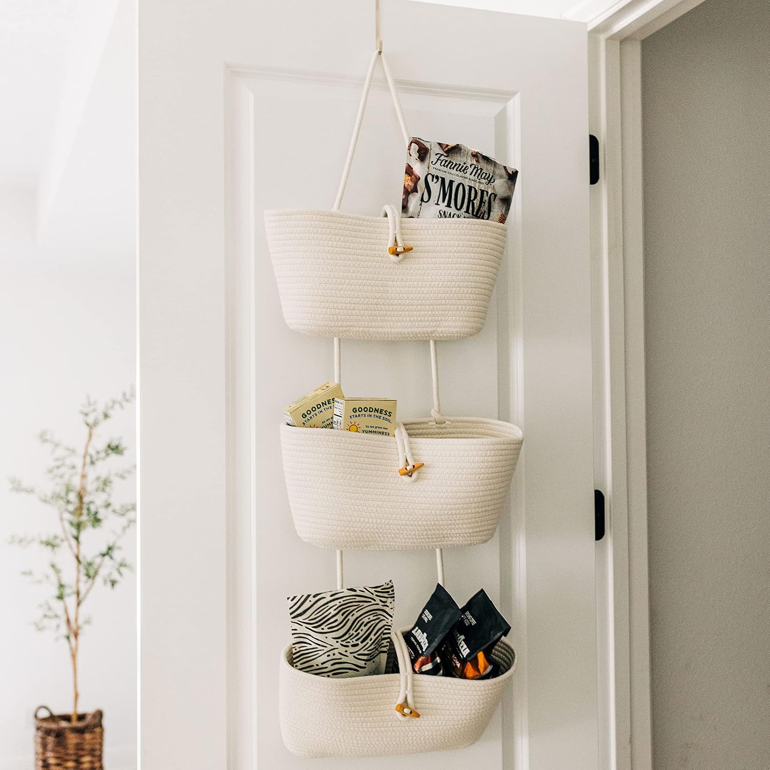 OrganiHaus White 3-Tier Wall Hanging Baskets for Organizing, Hanging Storage Basket, Over the Door Basket Organizer, Wall Mounted Basket for Nursery Organization, Hanging Baskets for Nursery Decor