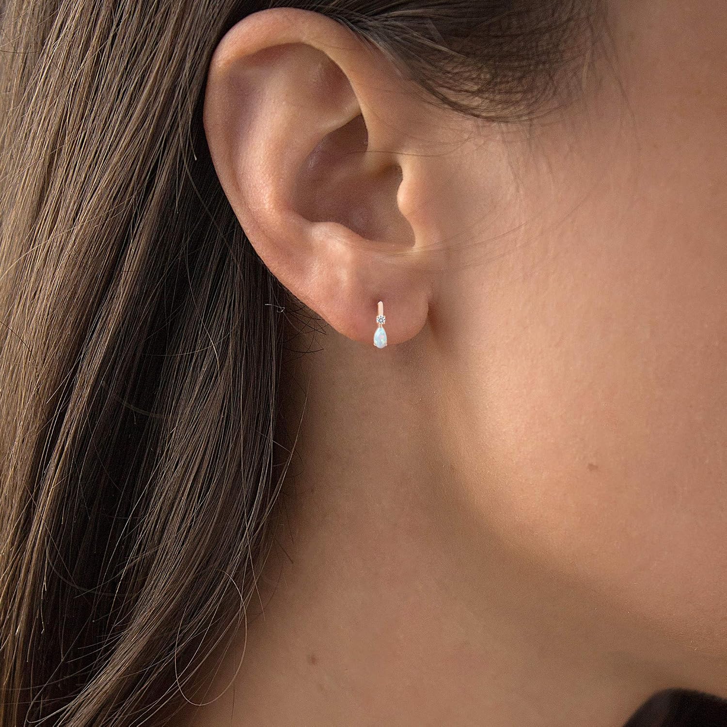 Solid 14K Gold 11x5mm Pear Shaped Natural Birthstone Huggie Earrings For Women | 5x3mm Pear Cut Birthstone | 2mm Created White Sapphire Huggie Hoop Earrings For Women