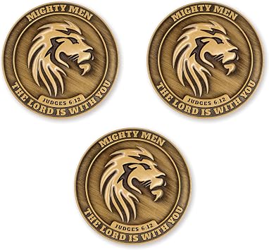 Be Strong & Courageous Lion Challenge Coin, Bulk Pack of 3 Mighty Men of God Pocket Discipleship Tokens for Bible Study, Bible Verse Worry Coin for Prayer, Christian EDC Coins for Military Veterans