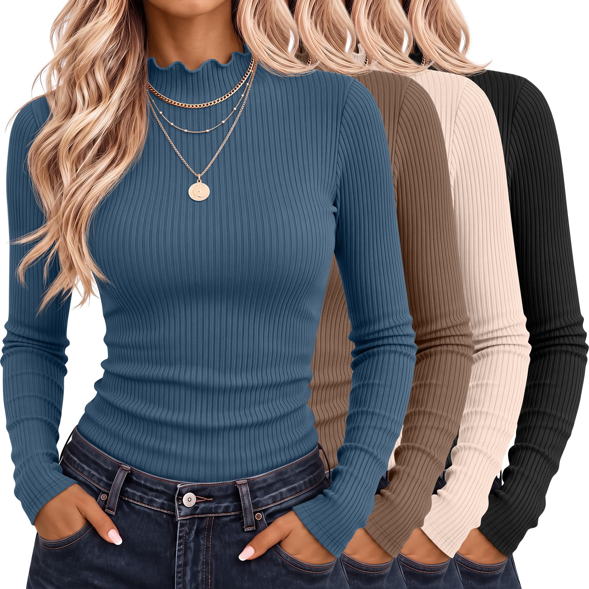 Riyiper 4 Pack Womens Cotton Mockneck Ribbed Long Sleeve Tops