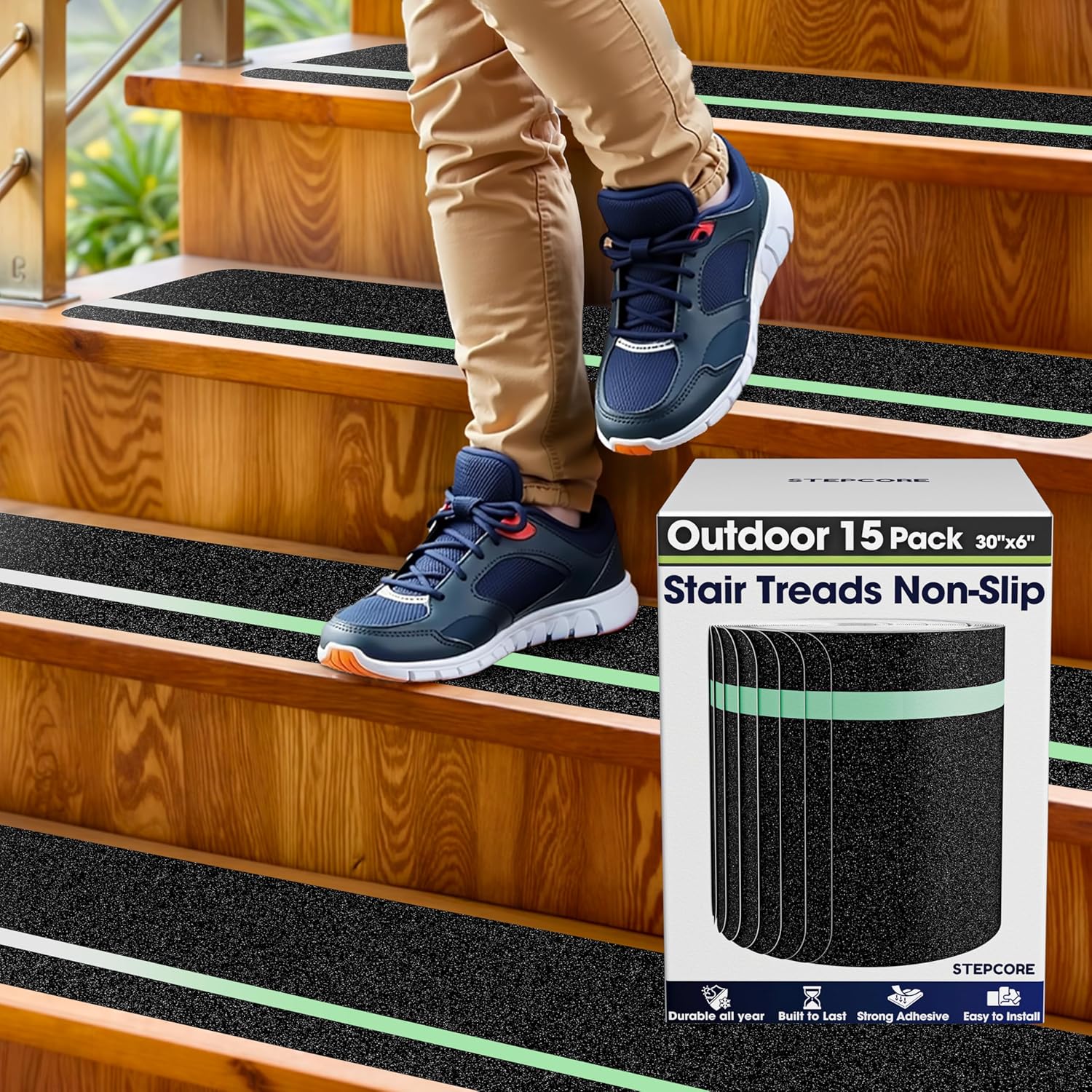Outdoor Stair Treads Non Slip – 30" x 6" – 15-Pack Glow in The Dark Waterproof 80-Grit Grip Strips for Wooden Steps – Anti Slip & Anti Skid Step Treads – by STEPCORE