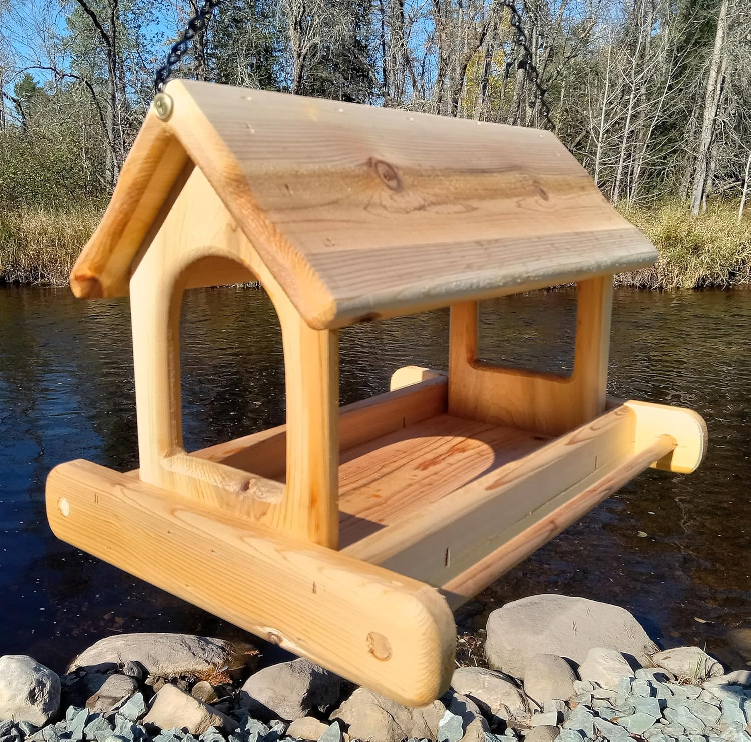 16 Inch Hanging Cedar Wood Arched Fly Through Platform Bird Feeder or Squirrel Feeder for Outdoors