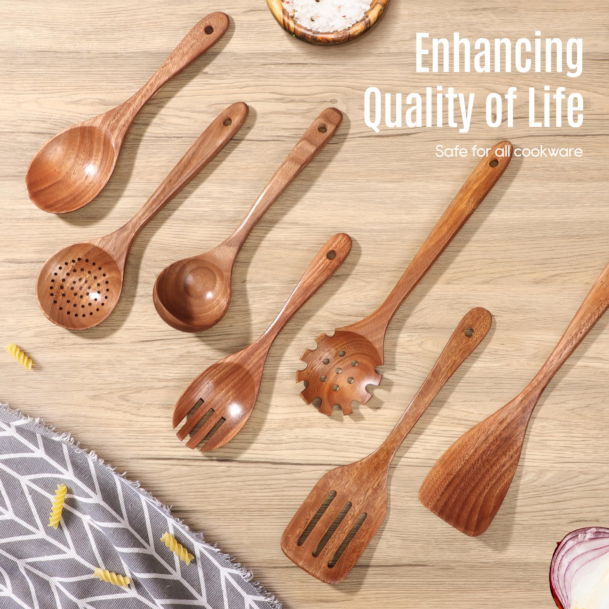 Juego de 7 cucharas de madera para cocinar, utensilios de cocina de teca natural, superficie lisa antiadherente, utensilios de madera de agarre suave y cómodo para cocinar