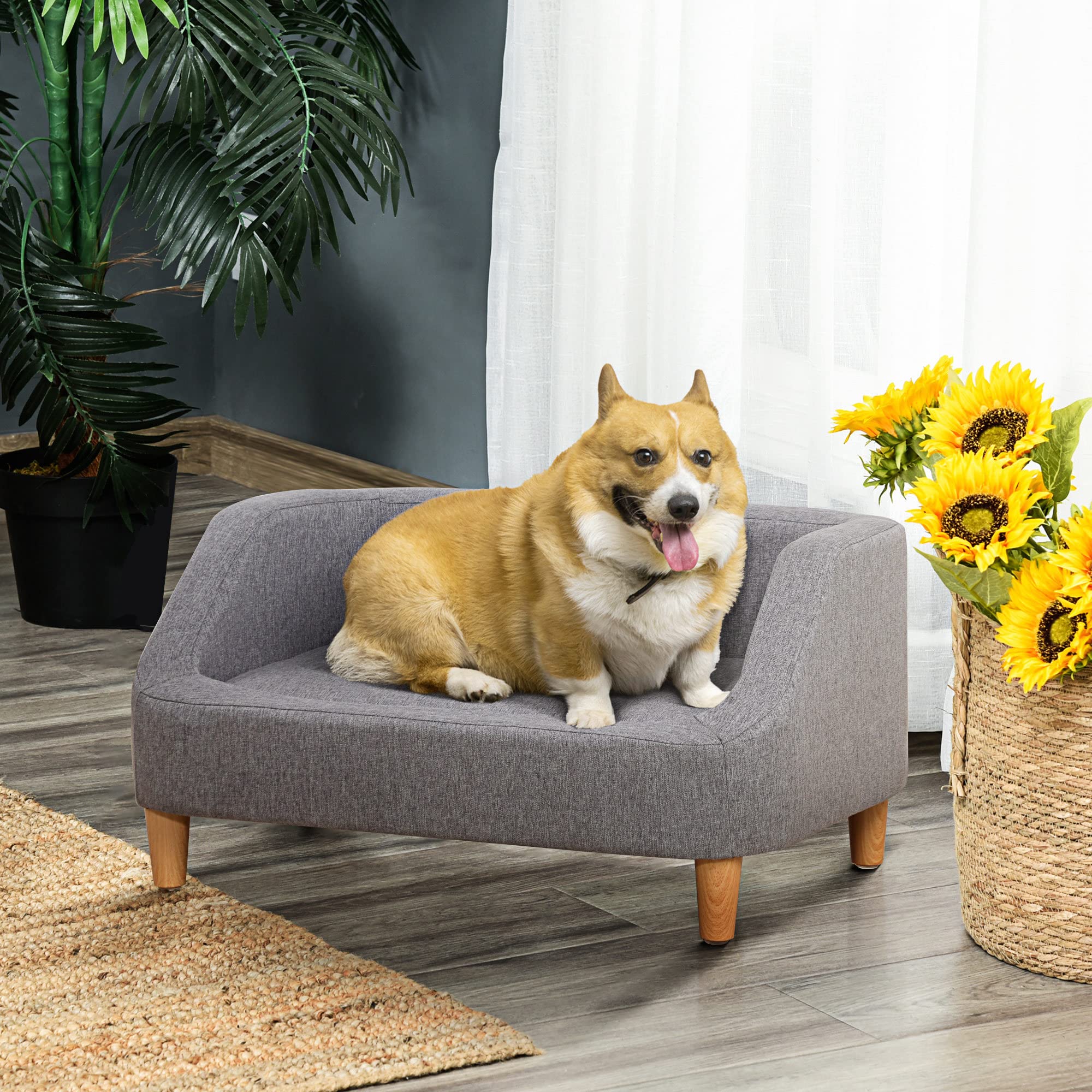 PawHut Canapé pour Chien lit pour Chien Animal Domestique Style scandinave Pieds en Bois revêtement Tissu déhoussable 75 x 55 x 39 cm - Gris