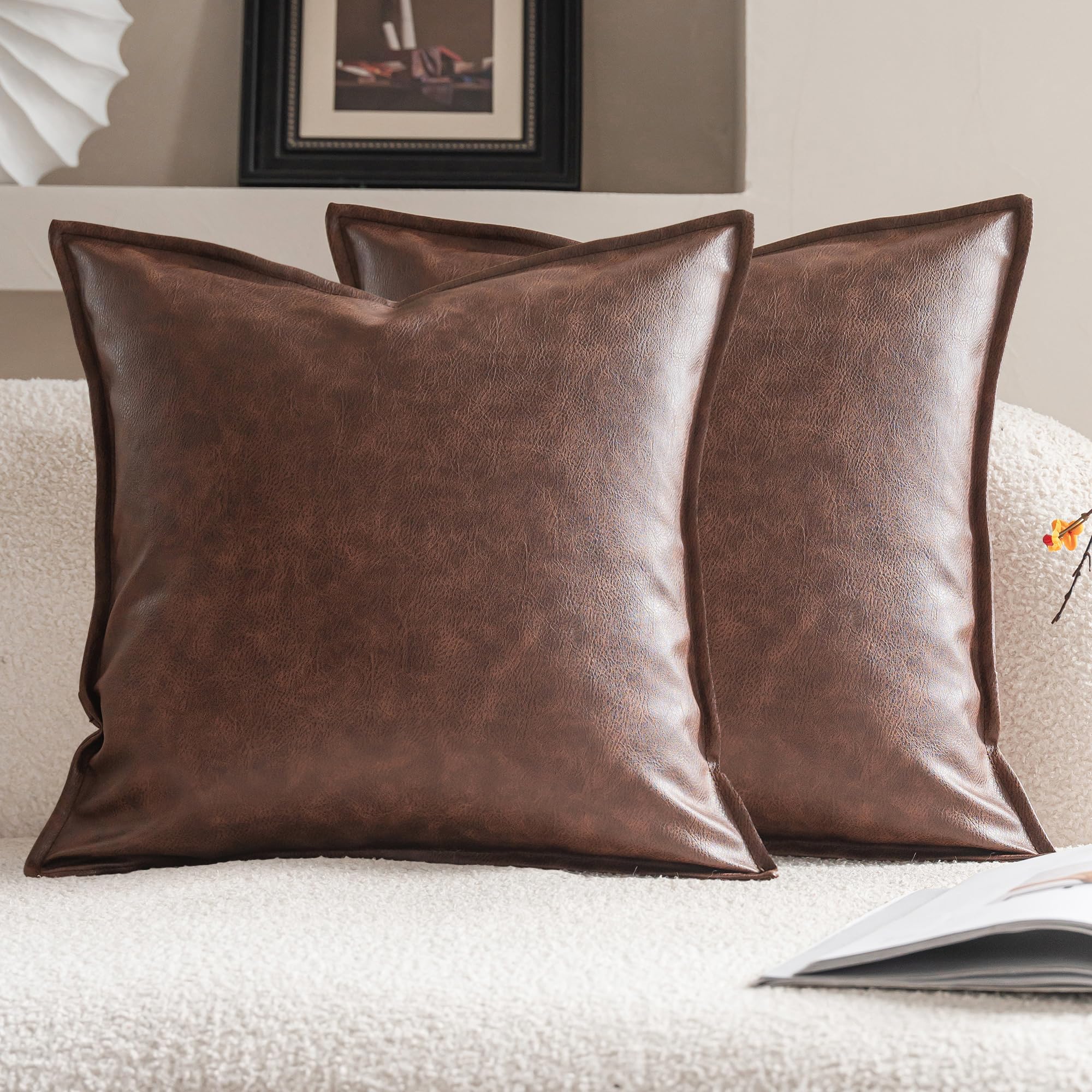 Neelvin Set of 2 Faux Leather Decorative Throw Pillow Covers Luxury Throw Pillow Cushion Covers 40cm x 40cm Modern Solid Couch Cases for Bed Sofa Couch Brown 16x16 inch