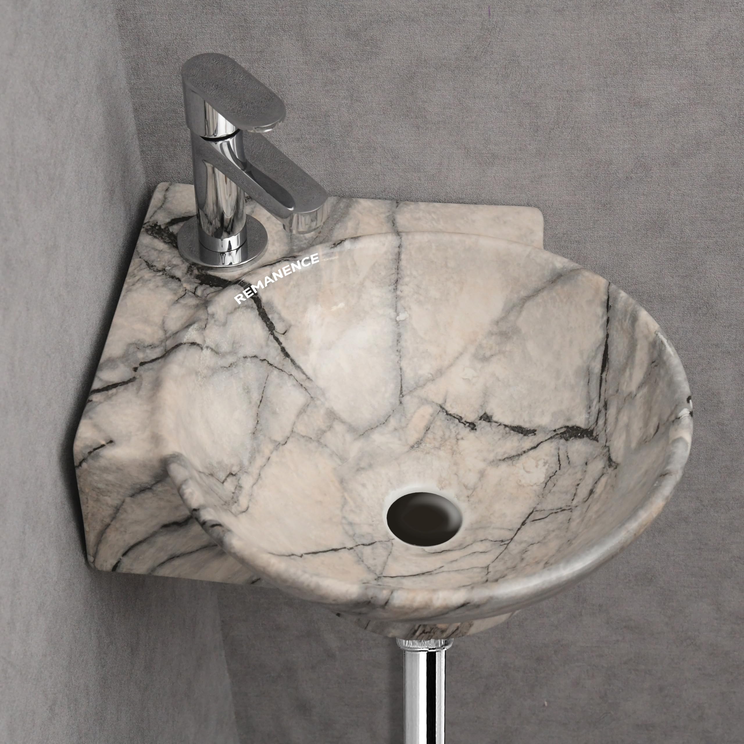 REMANENCE Wall Mounted Wash Basin for Bathroom | Ceramic Wash Basin Wall Hung Small Corner Wash Basin/Sink (16.3 x 13.8 x 4.3 Inch) (Designer Beige Black)