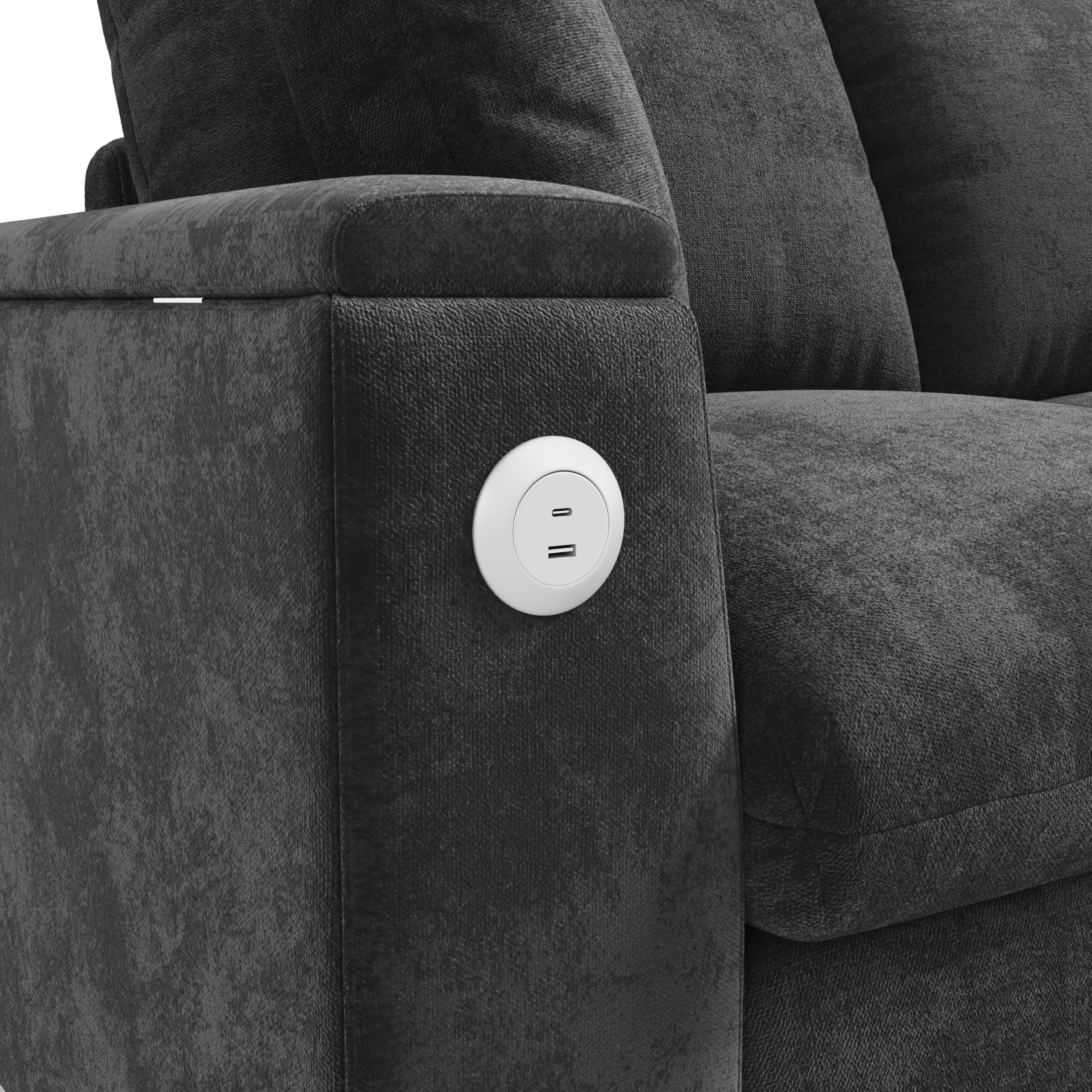 Sofa szenilowa, narożnik w kształcie litery L i dwa podłokietniki z miejscem do przechowywania. Rozkładany stolik kawowy z dwoma uchwytami na napoje, 1 USB i 1 część w kształcie litery C może być
