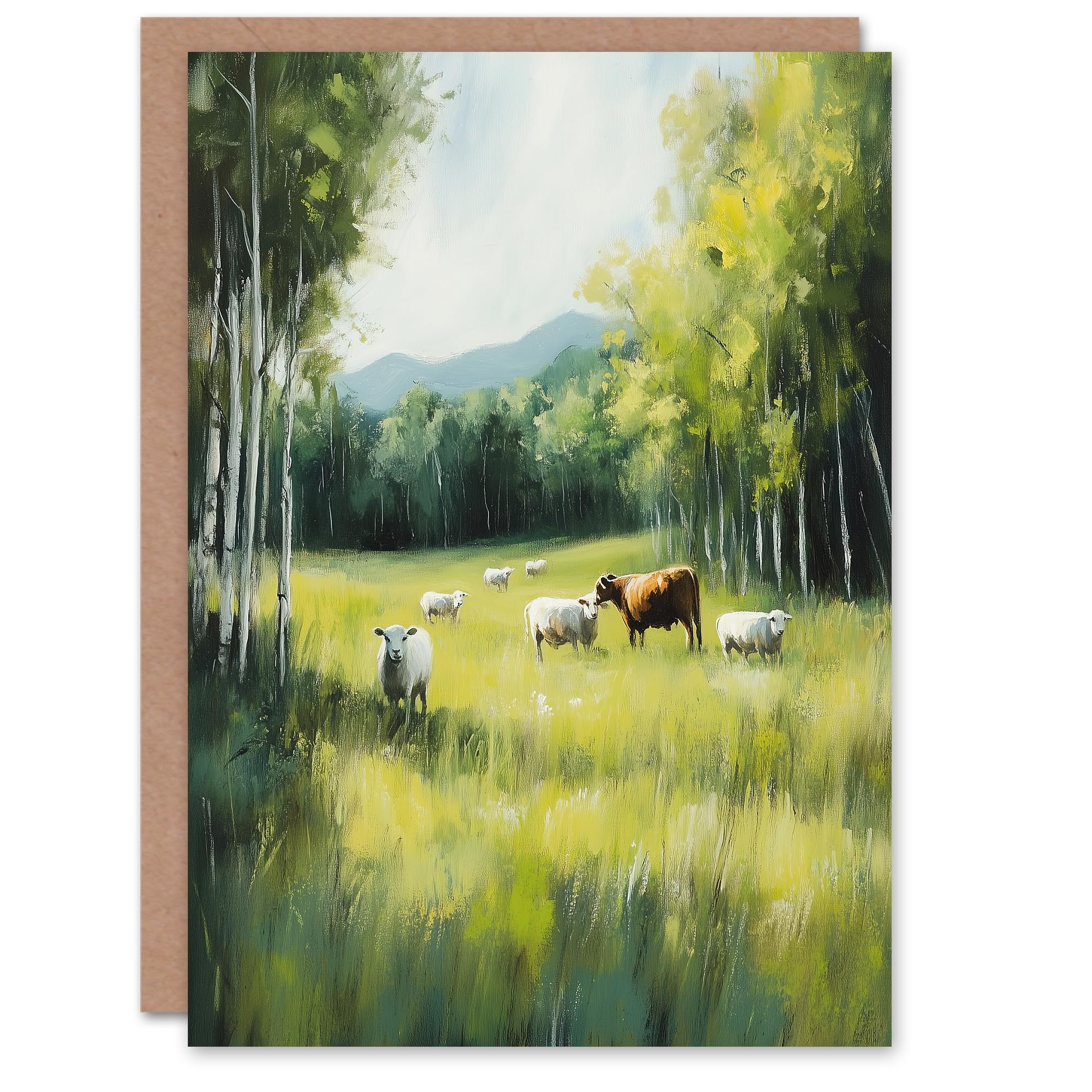 Artery8 Greeting Card Sheep Cows Grazing Countryside Field Painting Blank For Him Or Her Art Birthday Card