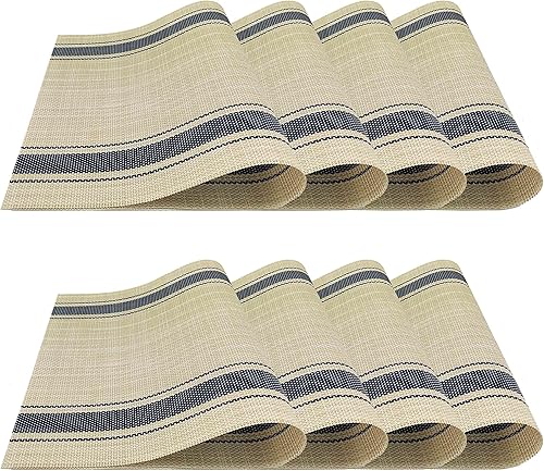 Miniatura 2 de Juego de 8 manteles individuales, manteles individuales de vinilo de PVC lavables, antideslizantes, resistentes al calor, para cocina, comedor (azul)