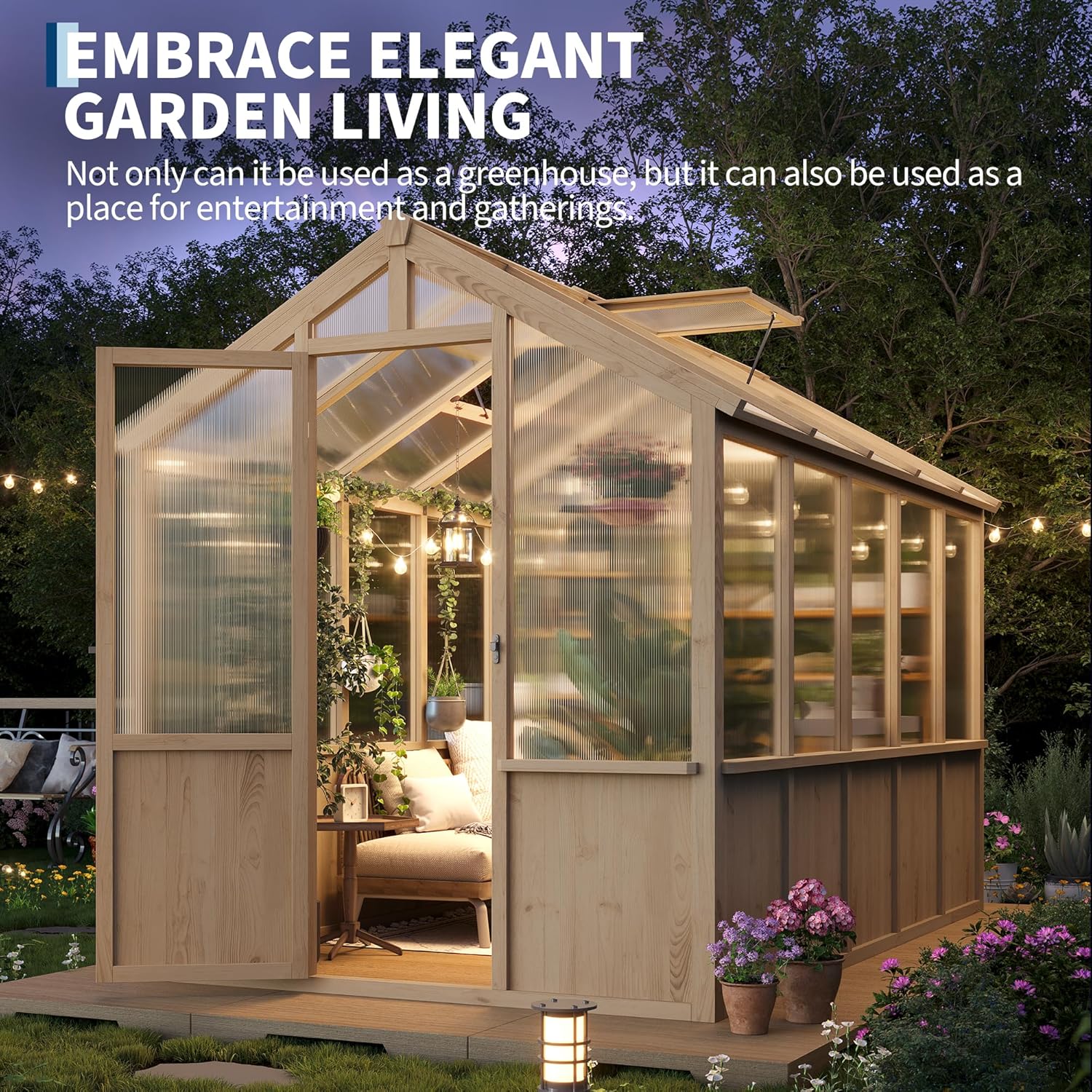 6x10 FT Greenhouse - Large Wooden Greenhouses for Outdoors, Heavy Duty Spruce Frame Greenhouse with PC Panels, Adjustable Roof Vents & Lockable Door, Walk-in Green Houses for Garden, Backyard, Patio