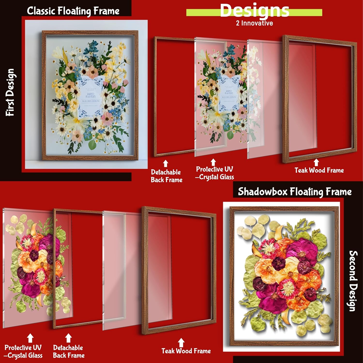 Large Floating Frame 16x20 Pressed Flower Picture Frames Walnut Wood Double UV Glass Deep Floater Frame 20x24 Floating Picture Frames For Dried Flower Flower Preservation Bouquet Shadow Box