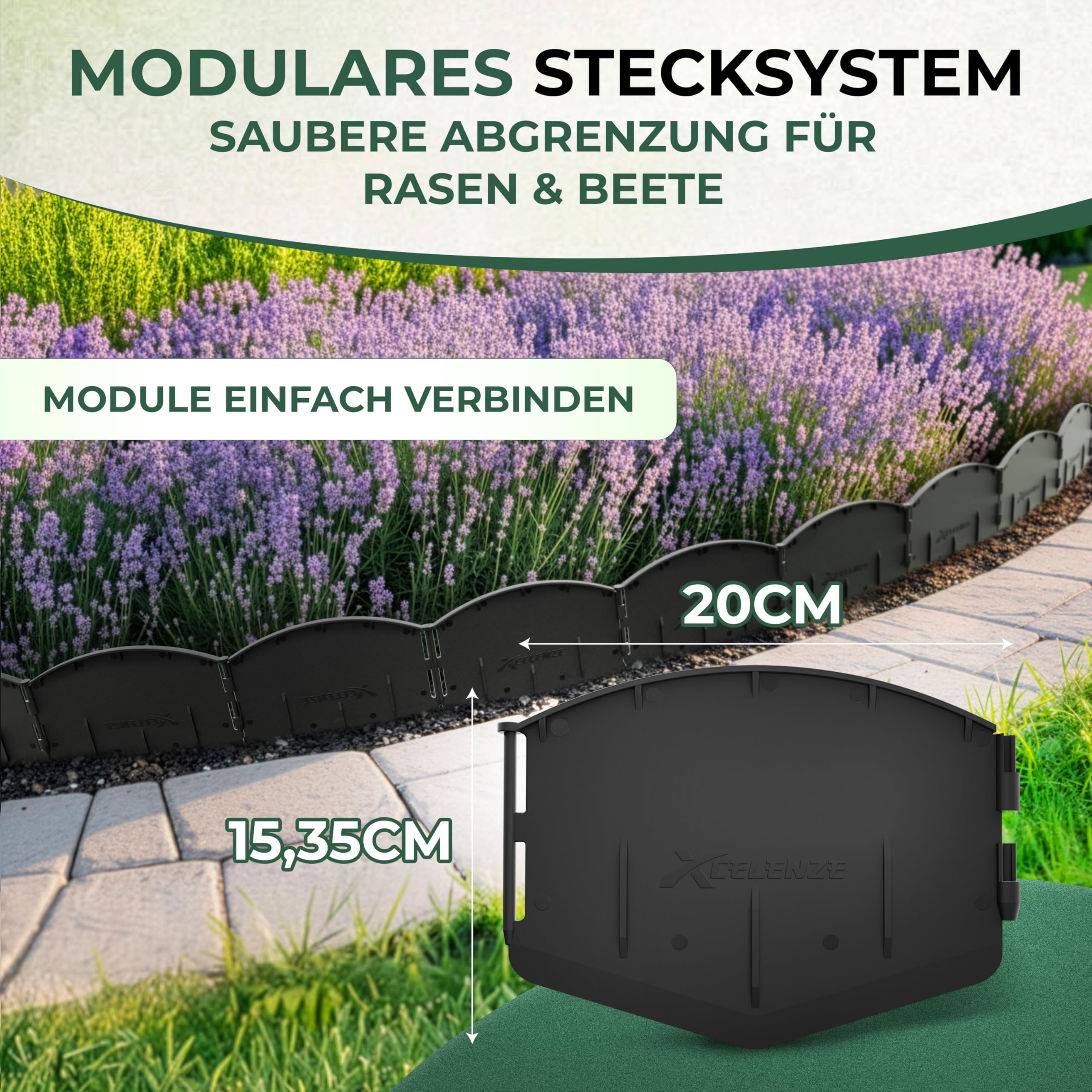 Xcelenze - 20 Meter Flexible Rasenkante Kunststoff Mähkante Beetbegrenzung | zum einschlagen | UV & witterungsbeständig | Beeteinfassung Kunststoff Rasenkantenband – einfaches Verlegen