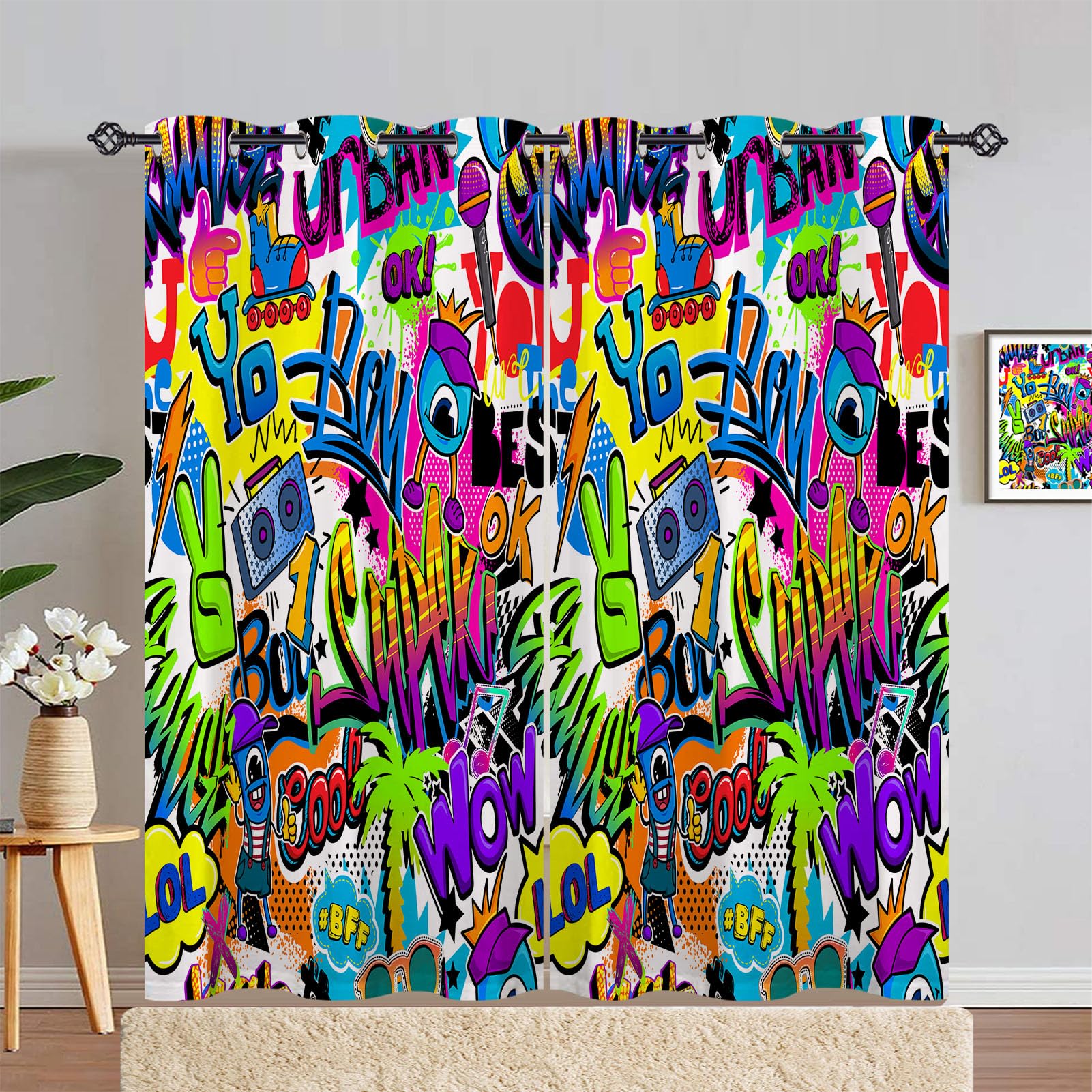 ANHOPE Graffiti Curtains Eyelet Blackout Thermal Insulated Curtains Abstract Urban Comic Doodle Print Pattern Soft Soundproof Privacy Window Drapes for Kids Bedroom Living Room 55 x 84 Inch 2 Panels