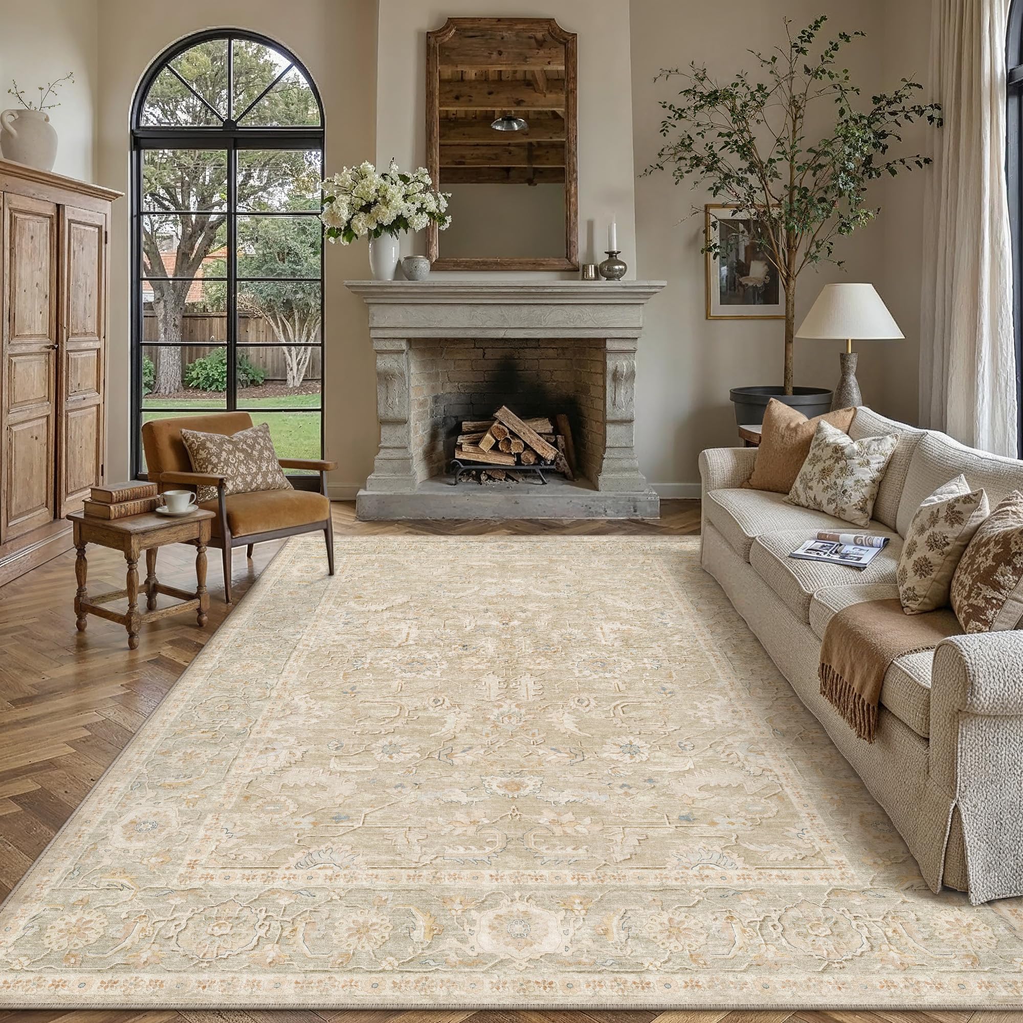 Photo 1 of Berthmeer 9x12 Area Rug for Living Room Washable Non Slip Vintage Distressed Large Rugs, Low Pile Ultra-Thin Indoor Carpet for Bedroom Dining Office Home Decor Beige