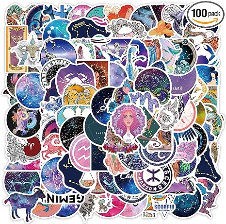 100PCs Constellation Zodiac Stickers, Twelve Signs Waterproof Vinyl Decals, Stickers for Laptop, Waterbottle, Phone, Skateboard, Guitar, Helmet, Decals as DIY Gifts & Party Favors (Zodiac)