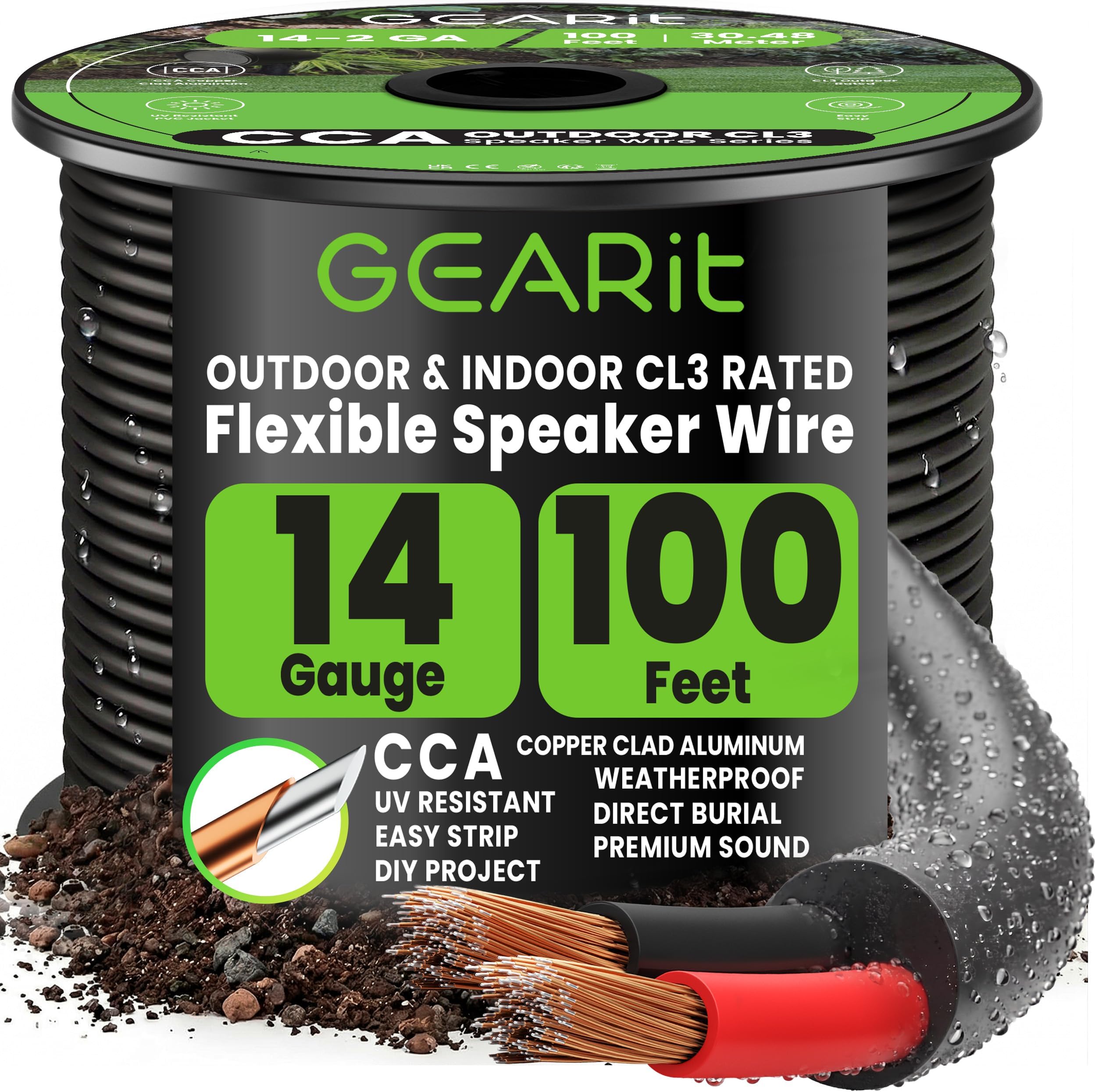 14 Gauge Speaker Wire Cable,14 Gauge Wire CL3 Rated 100ft,Audio Cable with Red/Black Color Coded,Outdoor Speaker Wires for Home,Car,Outdoor,Patio,Garden,In-Wall,Backyard,CCA(Black,2-Conductors)