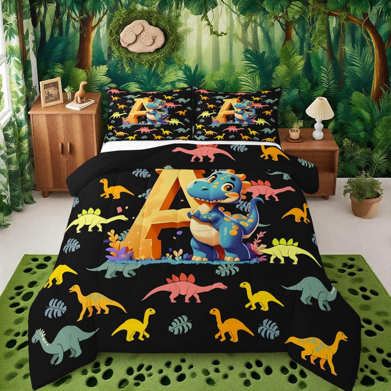 Feelyou Kids Cute Cartoon Dinosaur Comforter Set Twin Size Personalized Initial A Bedding Set for Boys Girls Kawaii Jungle Dino Funny Alphabet Pattern Duvet Quilt Room Decor