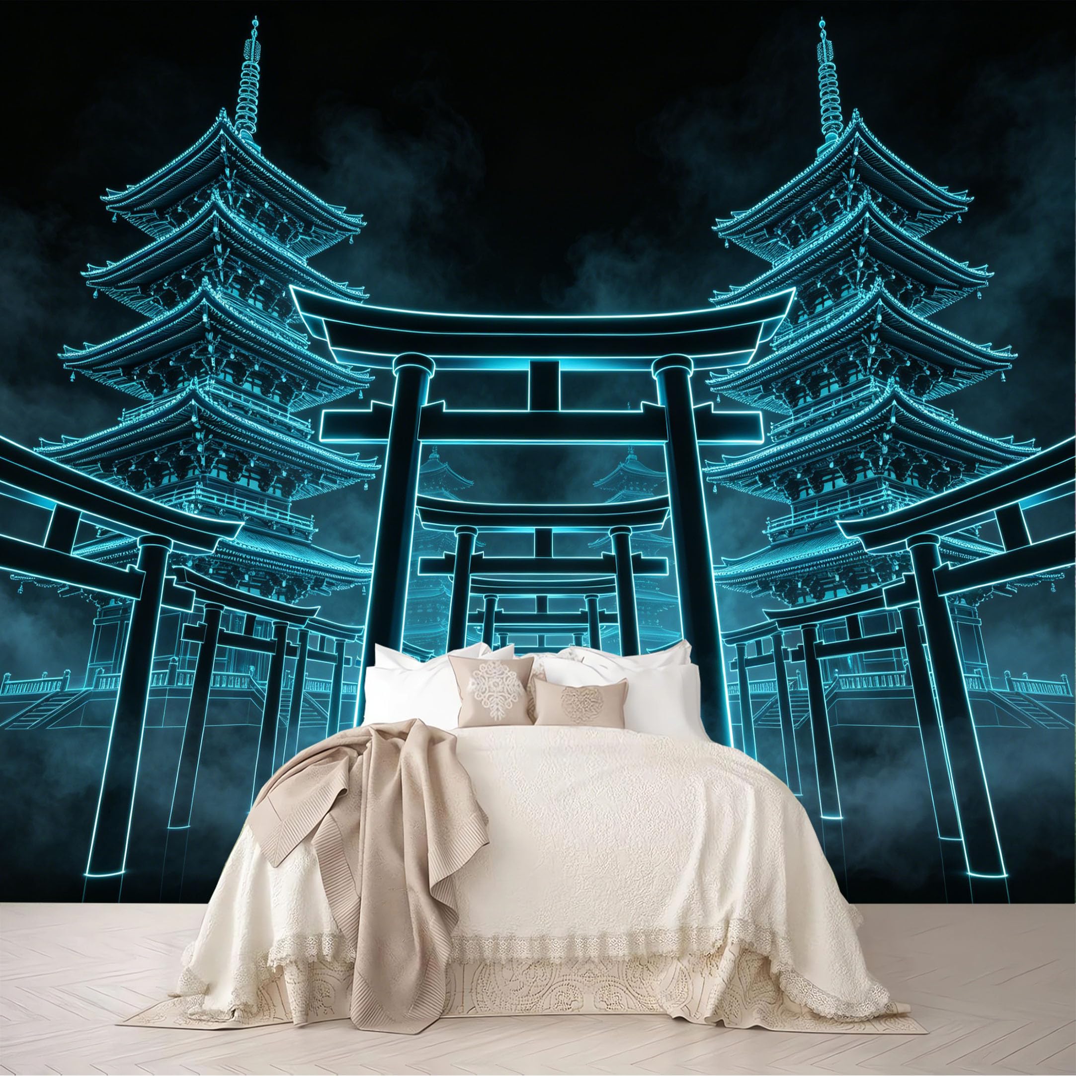 Dskjoviality Ab260706097 Custom Size Wall Murals Neon Torii Gate Pagoda Cyber Temple Removable Self-Adhesive For Bedroom Living Room Dining Room