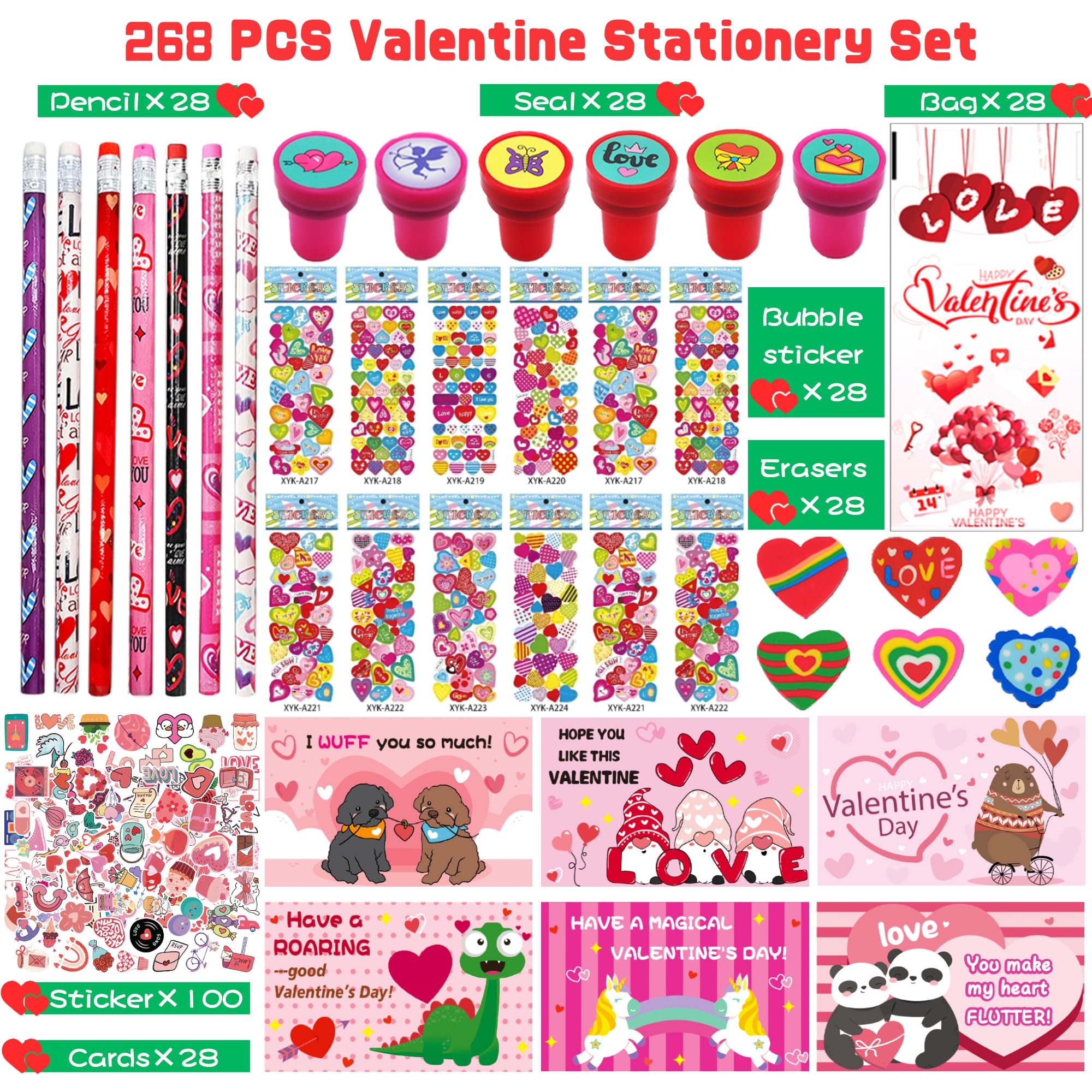 juskid 268pcs Valentines Day Gifts for Kids Classroom 28 Pack Valentines Goodie Bags Stuffers Valentine Gift for Kids Valentines Classroom Party Favors Prizes From Teacher