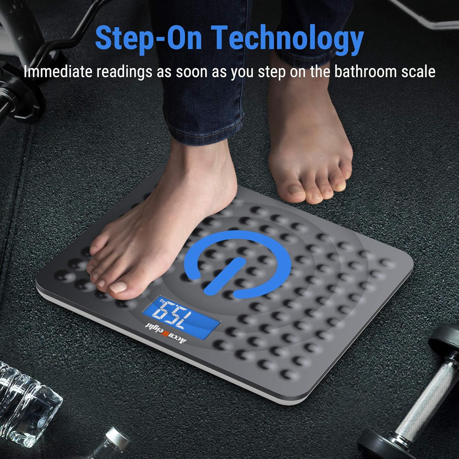 Person stepping on the scale, demonstrating step-on technology