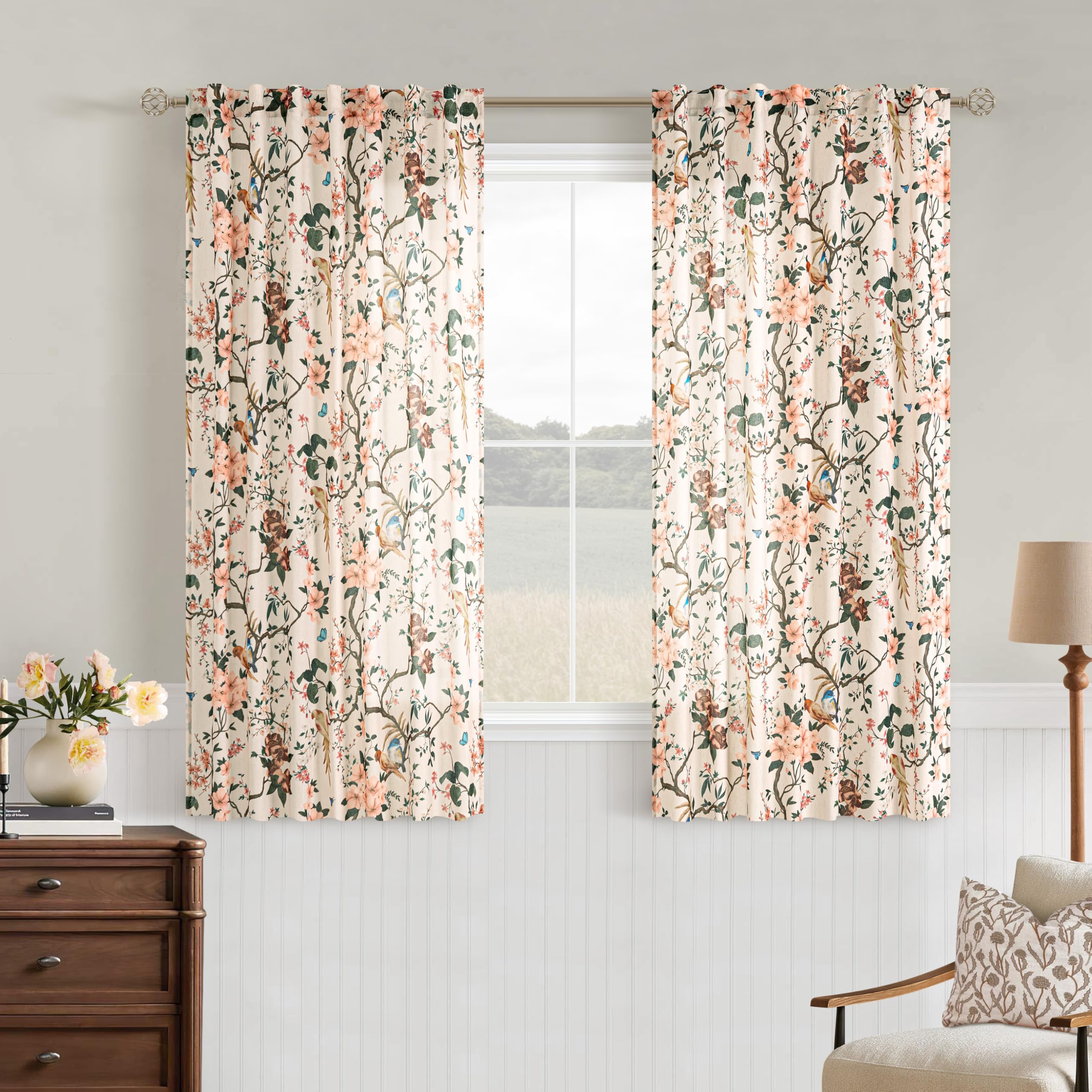 Sand Beige Sheer Linen Floral Bird Kitchen Curtains 54 Inch Length 2 Panels | Light Filtering,Boho Cottage,Flower butterfly Printed,Botanical,Window Drapes,Rod Pocket,Back Tab,Laundry Dining Bathroom