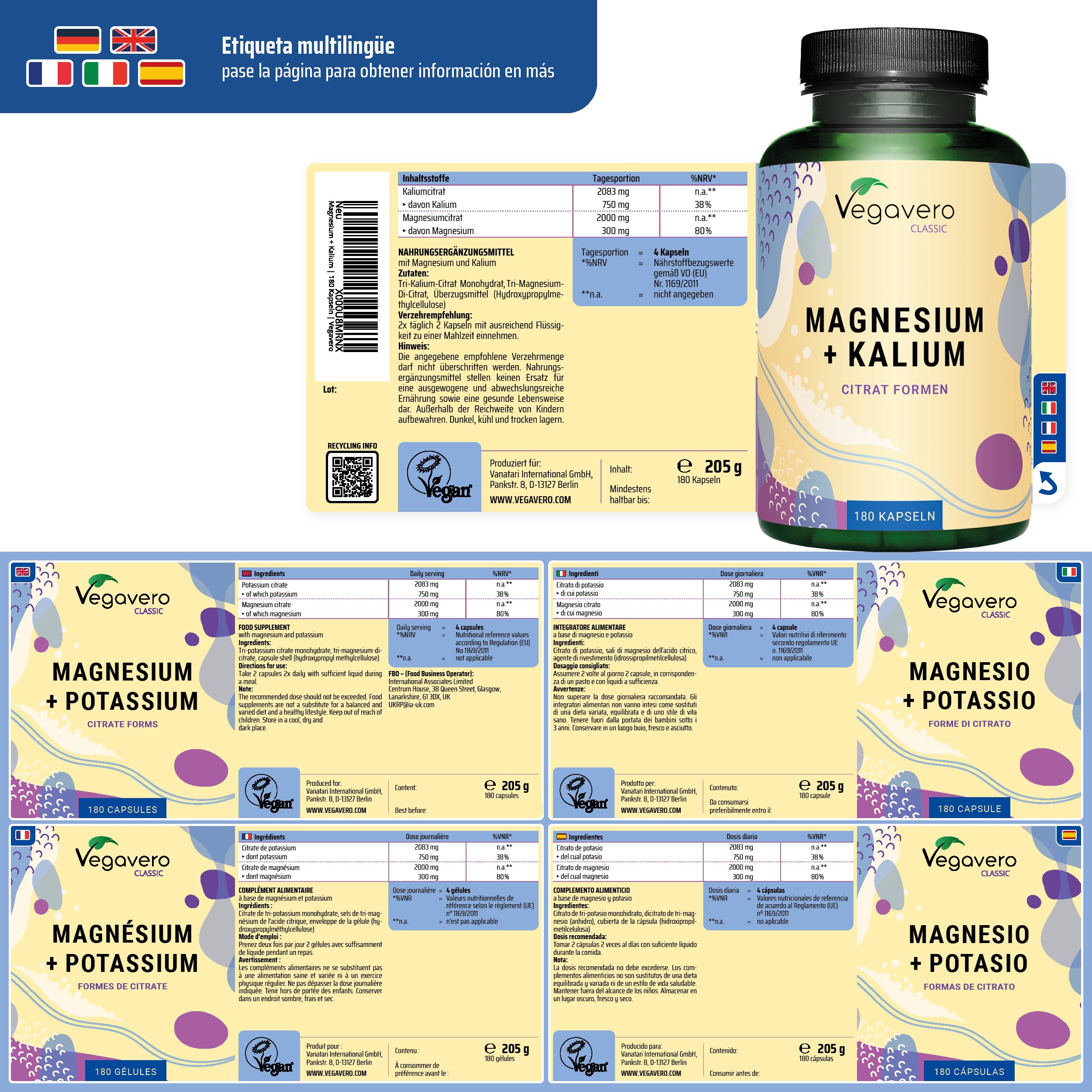 Vegavero Magnesio + Potasio | 180 Cápsulas | SIN ADITIVOS | Citrato de Magnesium | Analizado en Laboratorio | Electrolitos & Sales Minerales | Vegano (Paquete de 2)